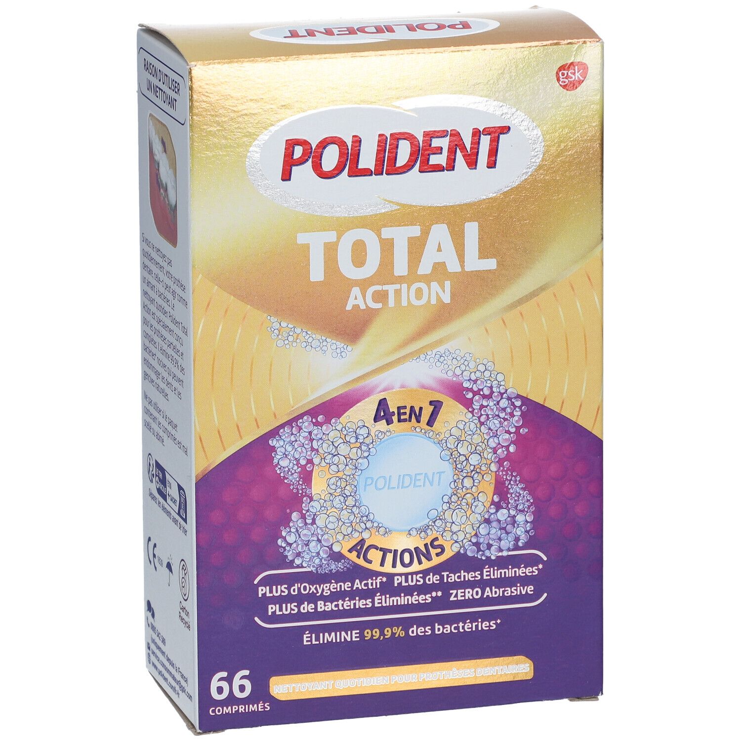 POLIDENT Total Action-Verpackung. Vorderansicht mit Produktnamen und 66 Tabletten. Gold- und lilafarbenes Design.
