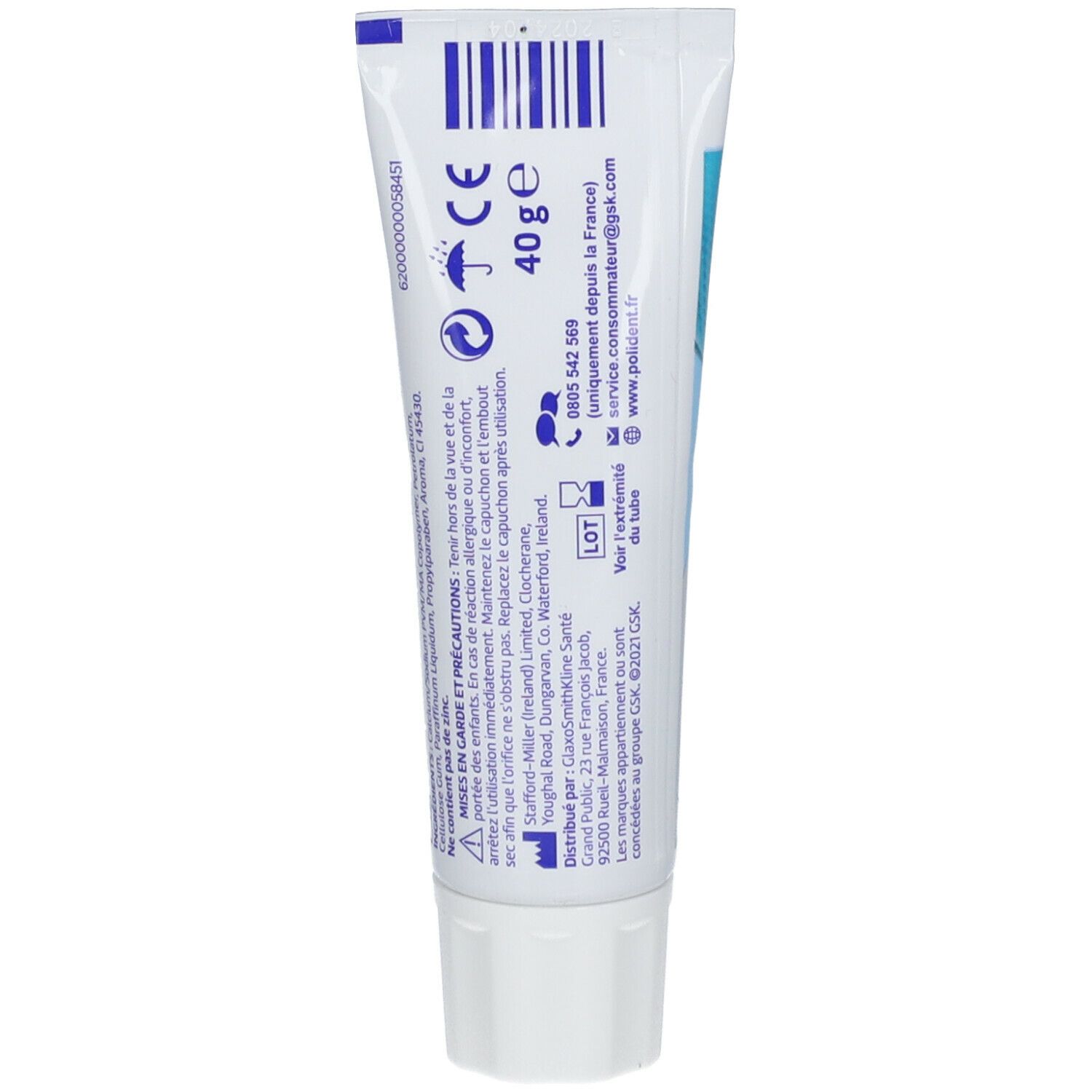 Dos du tube de crème adhésive POLIDENT Fixation Forte. Bandes bleues, code-barres, informations et logos.