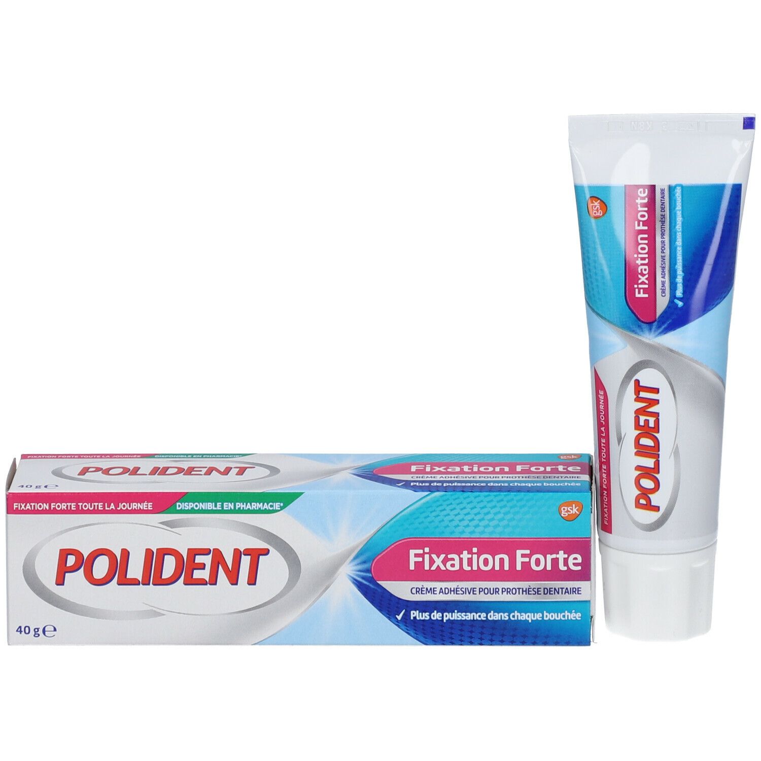 POLIDENT Fixation Forte, tube et boîte. Tube et boîte avec inscriptions POLIDENT et Fixation Forte.