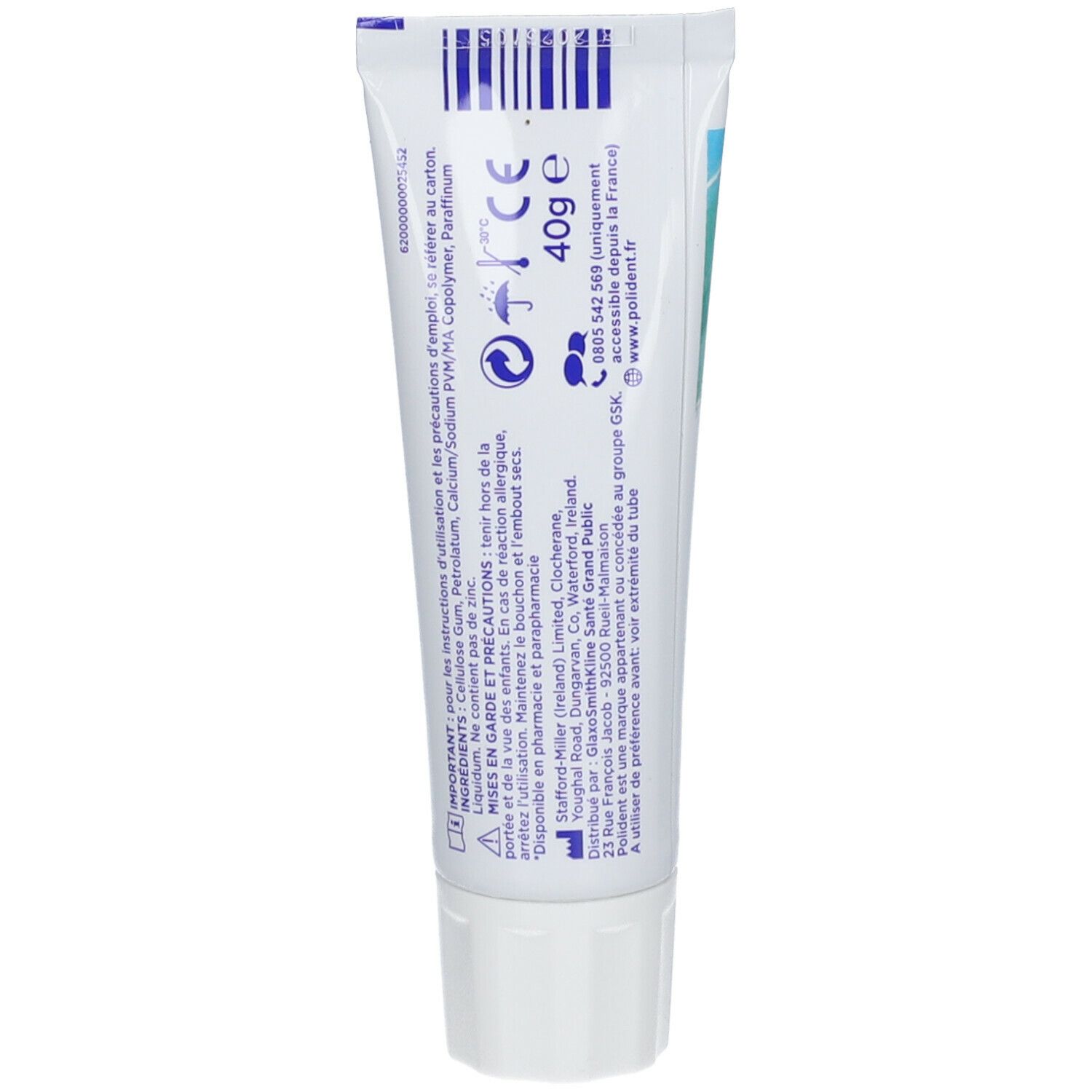 Dos du tube Polident. Texte: 40g e, ingrédients, marquage CE, coordonnées. Bouchon blanc.