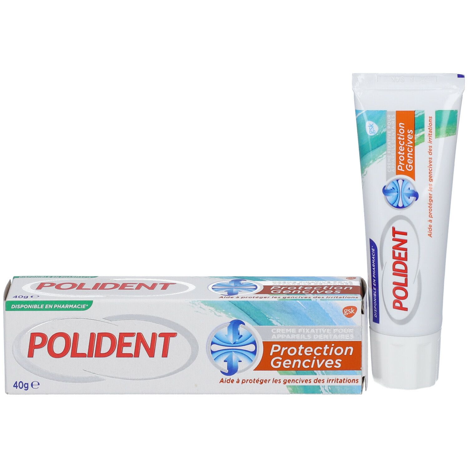 Emballage et tube Polident. Emballage: blanc, bleu, orange. Texte: Polident, Protection Gencives, 40g e. Tube: blanc, bleu, orange.