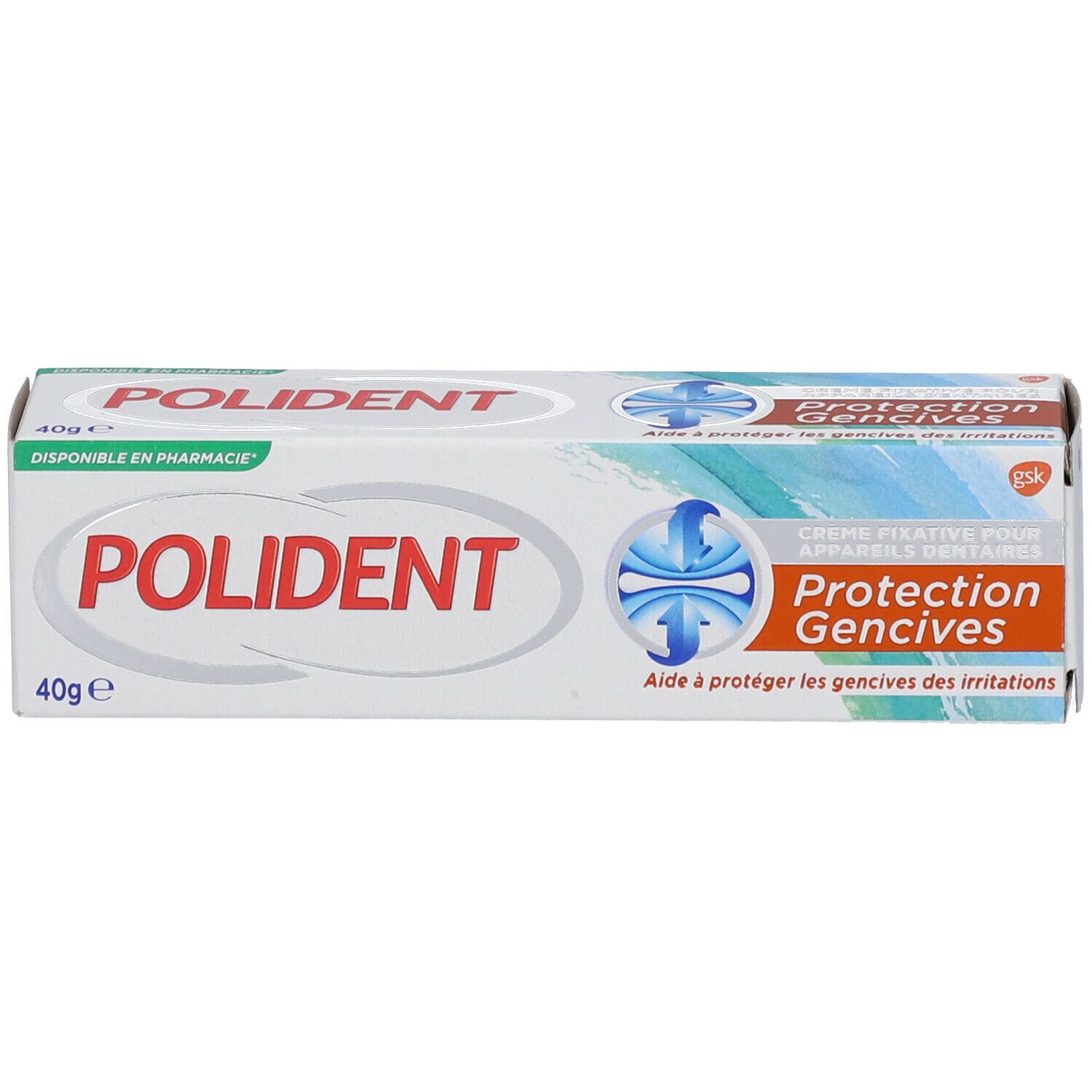 Emballage Polident. Blanc, bleu, orange. Texte: Polident, Protection Gencives, 40g e. Crème fixative pour appareils dentaires.
