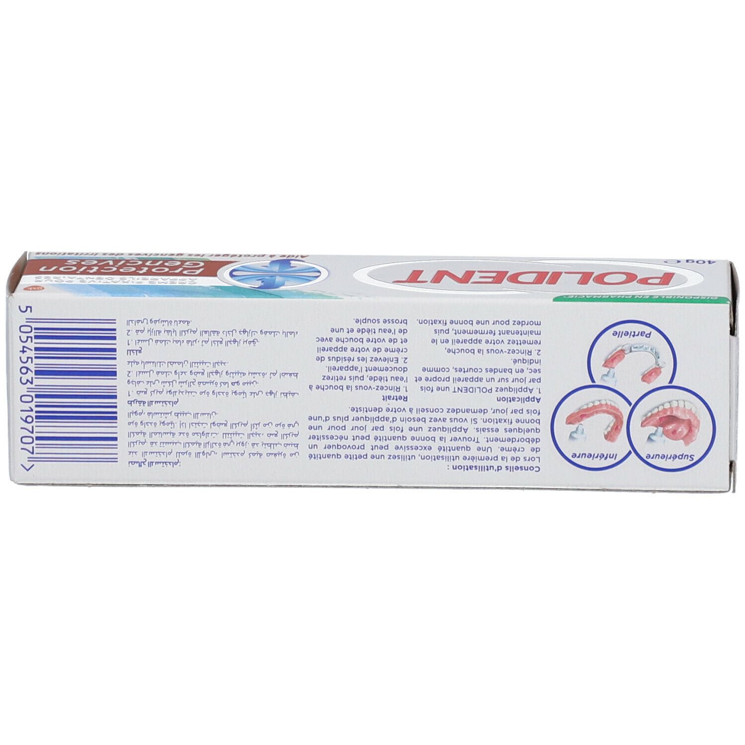 Emballage Polident. Arrière. Texte: Protection Gencives, 40g e, mode d'emploi, illustrations de prothèses.
