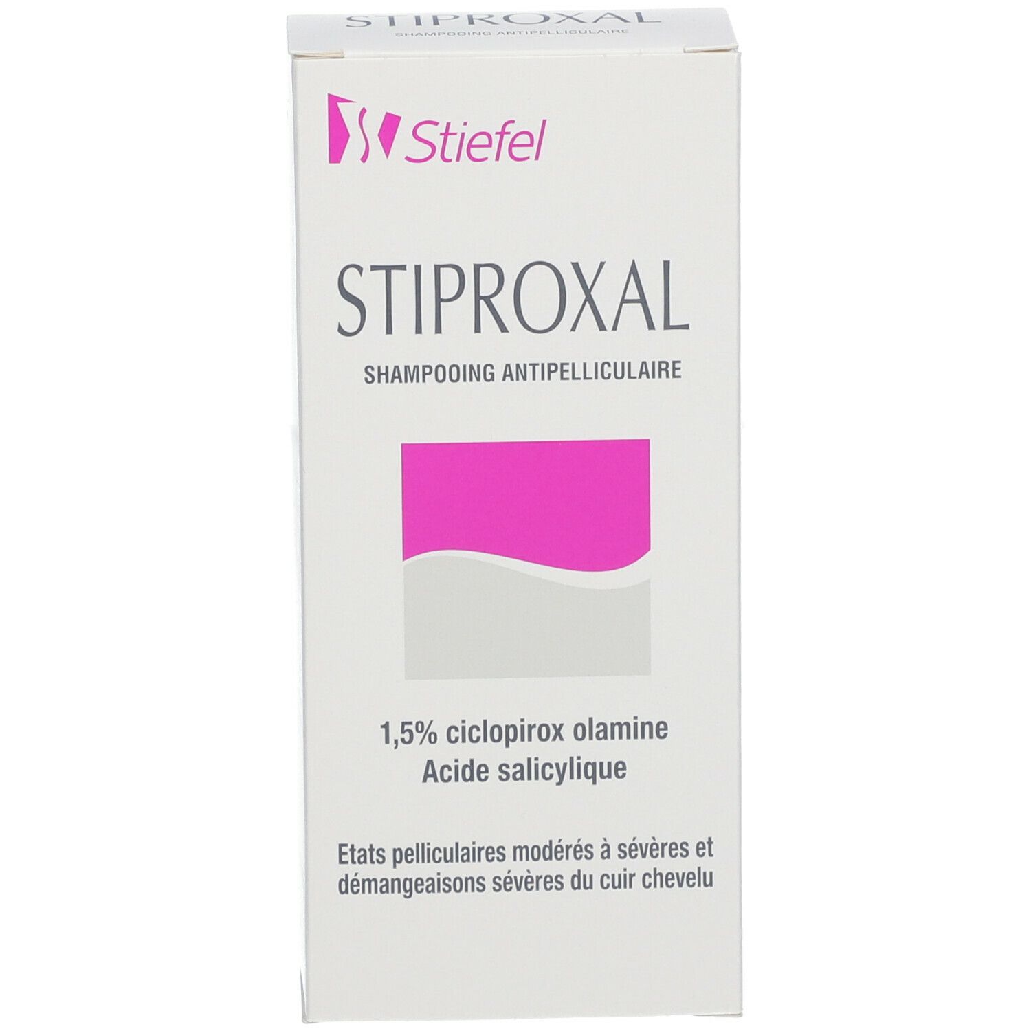 Weiße Schachtel. Aufschrift: Stiproxal, Shampooing antipelliculaire. Enthält 1,5% Ciclopirox olamine und Salicylsäure.