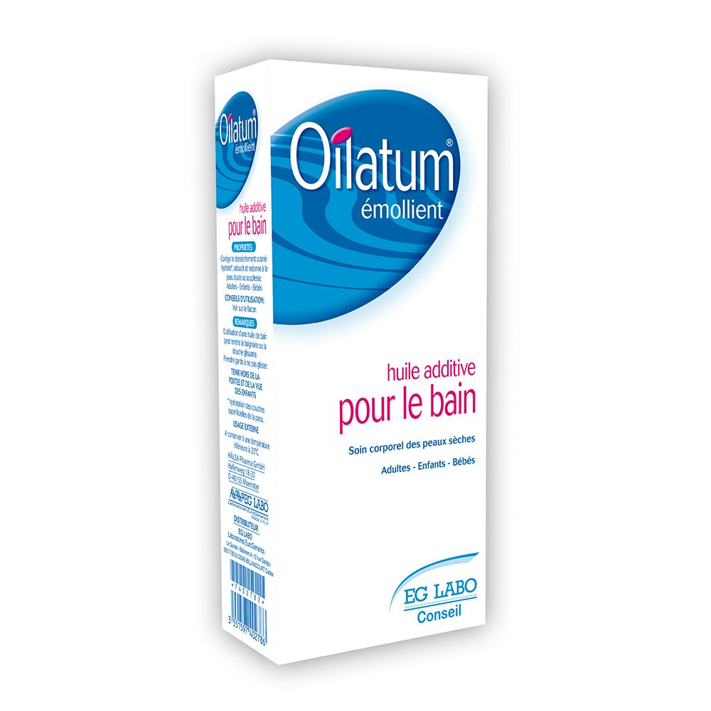 Boîte Oilatum émollient. Carton blanc avec logo bleu et nom du produit. Pour peaux sèches, adultes, enfants, bébés.