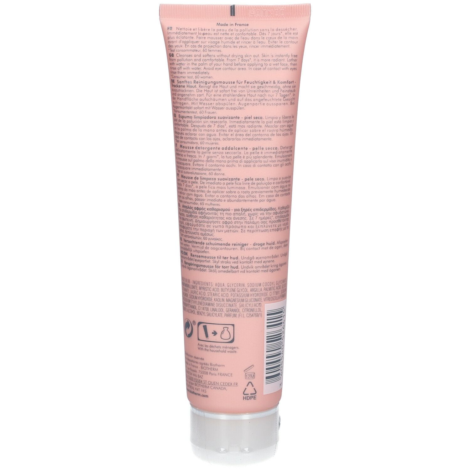 Rückseite der rosa Tube. Text in mehreren Sprachen. Inhaltsstoffe und Hinweise.