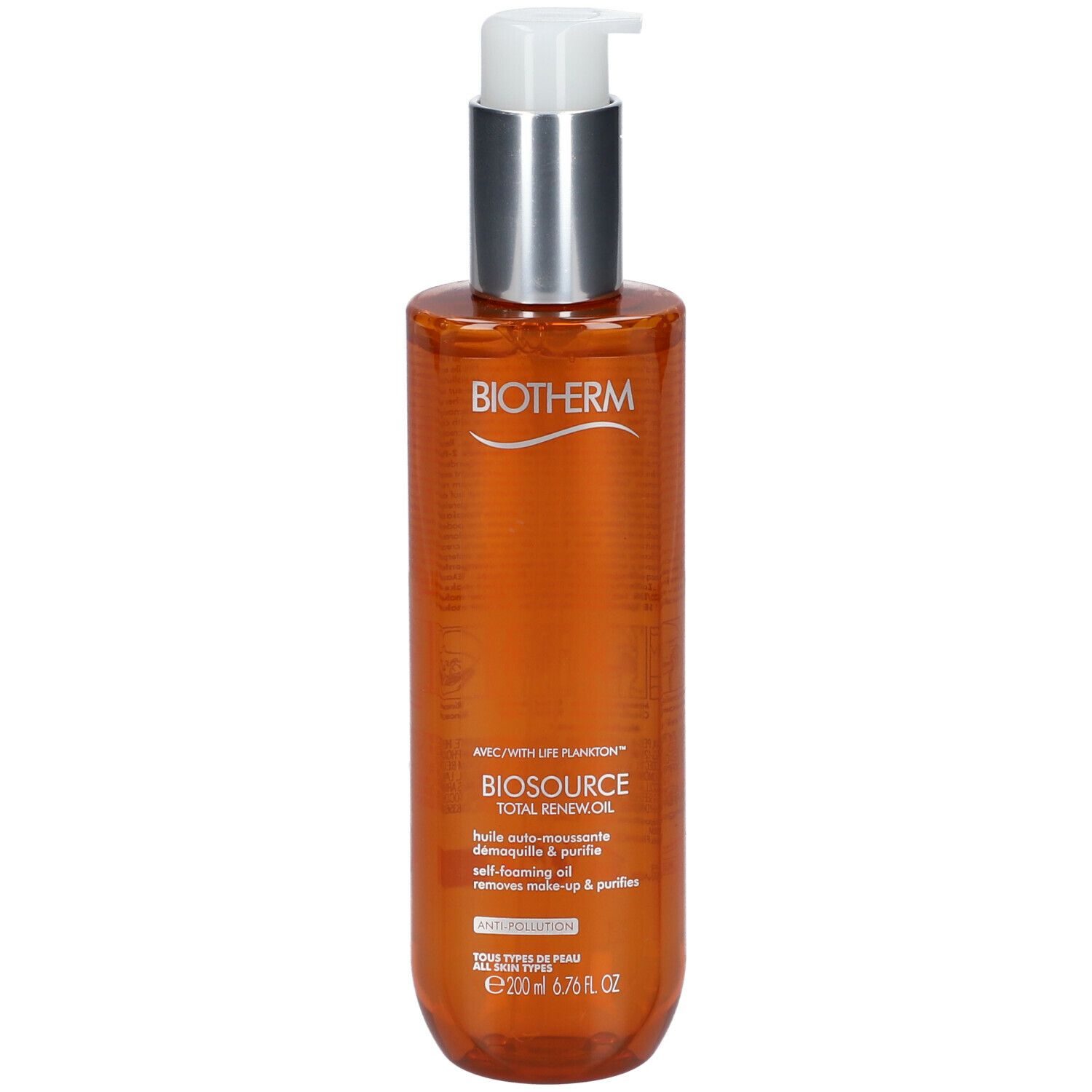 Biotherm Biosource Total Renew Oil Flasche. Orangefarbene Flüssigkeit, Pumpe. Produktname und Logo sichtbar.