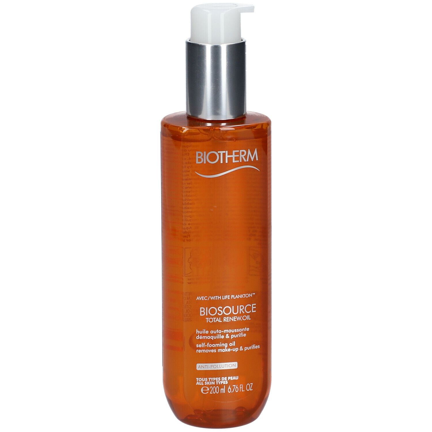 Biotherm Biosource Total Renew Oil Flasche. Orangefarbene Flüssigkeit, Pumpe. Produktname und Logo sichtbar.