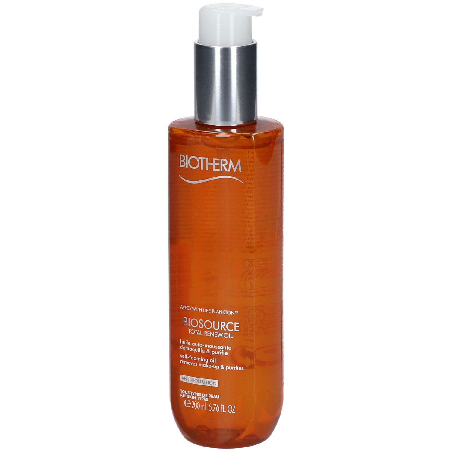 Biotherm Biosource Total Renew Oil Flasche. Orangefarbene Flüssigkeit, Pumpe. Produktname und Logo sichtbar.