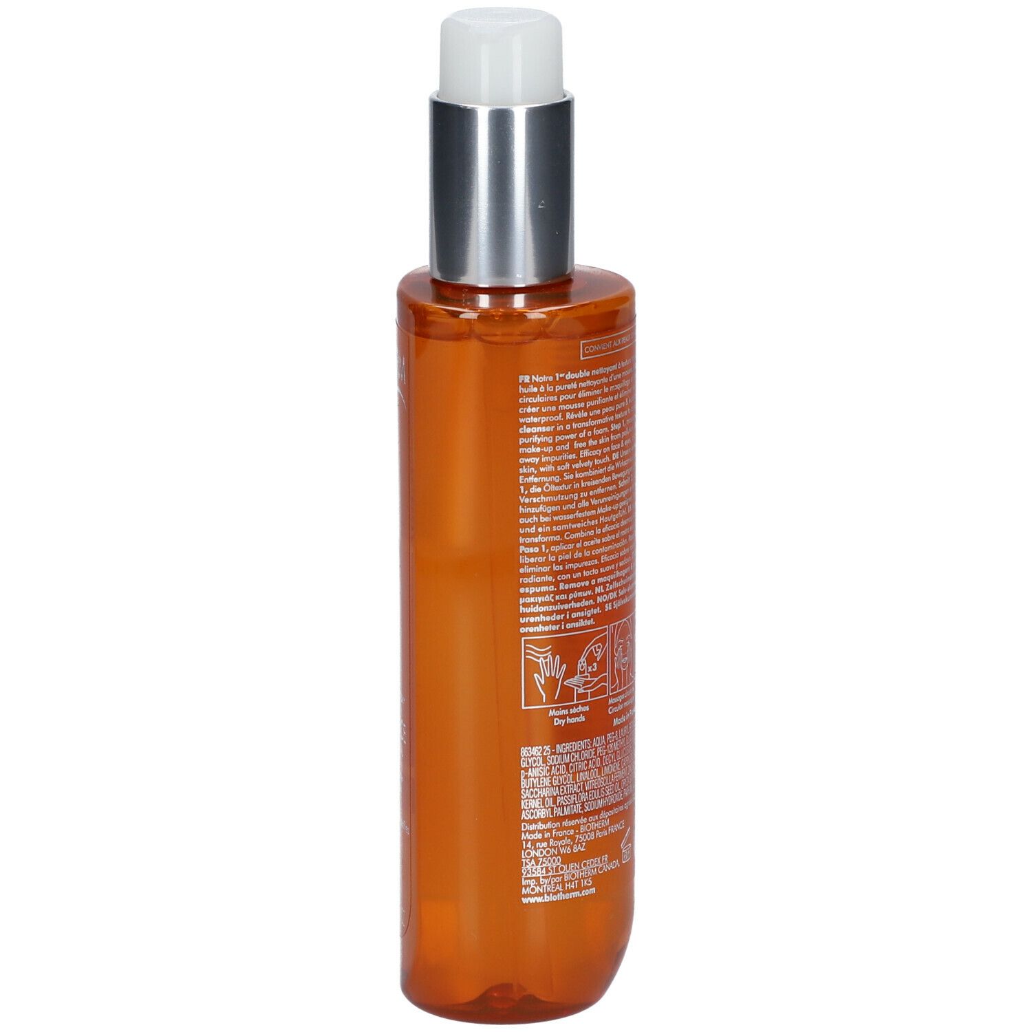 Biotherm Biosource Total Renew Oil Flasche. Orangefarbene Flüssigkeit, Pumpe. Produktname und Logo sichtbar.