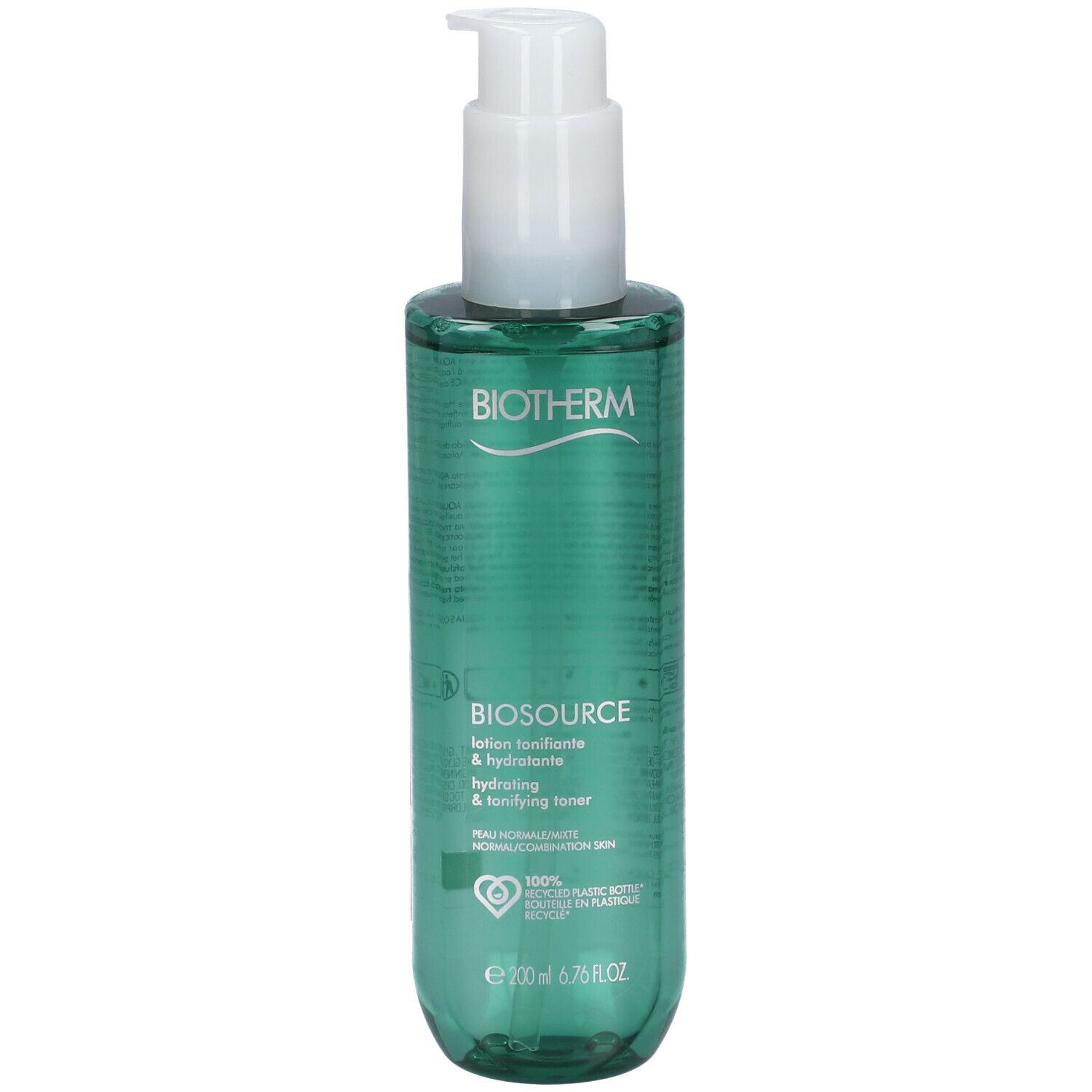 Flacon vert avec pompe blanche. Inscription Biotherm Biosource. Texte : Hydratant & tonifiant. 200ml.
