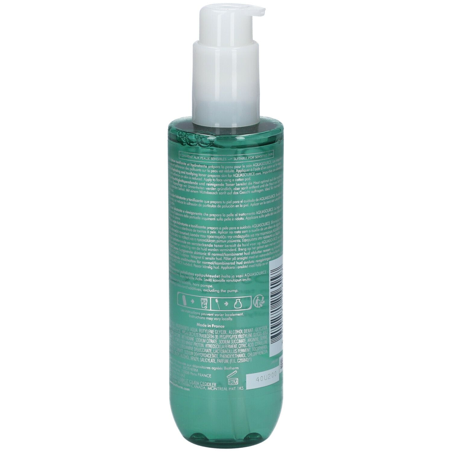 Dos d'un flacon vert avec pompe blanche. Texte et informations.
