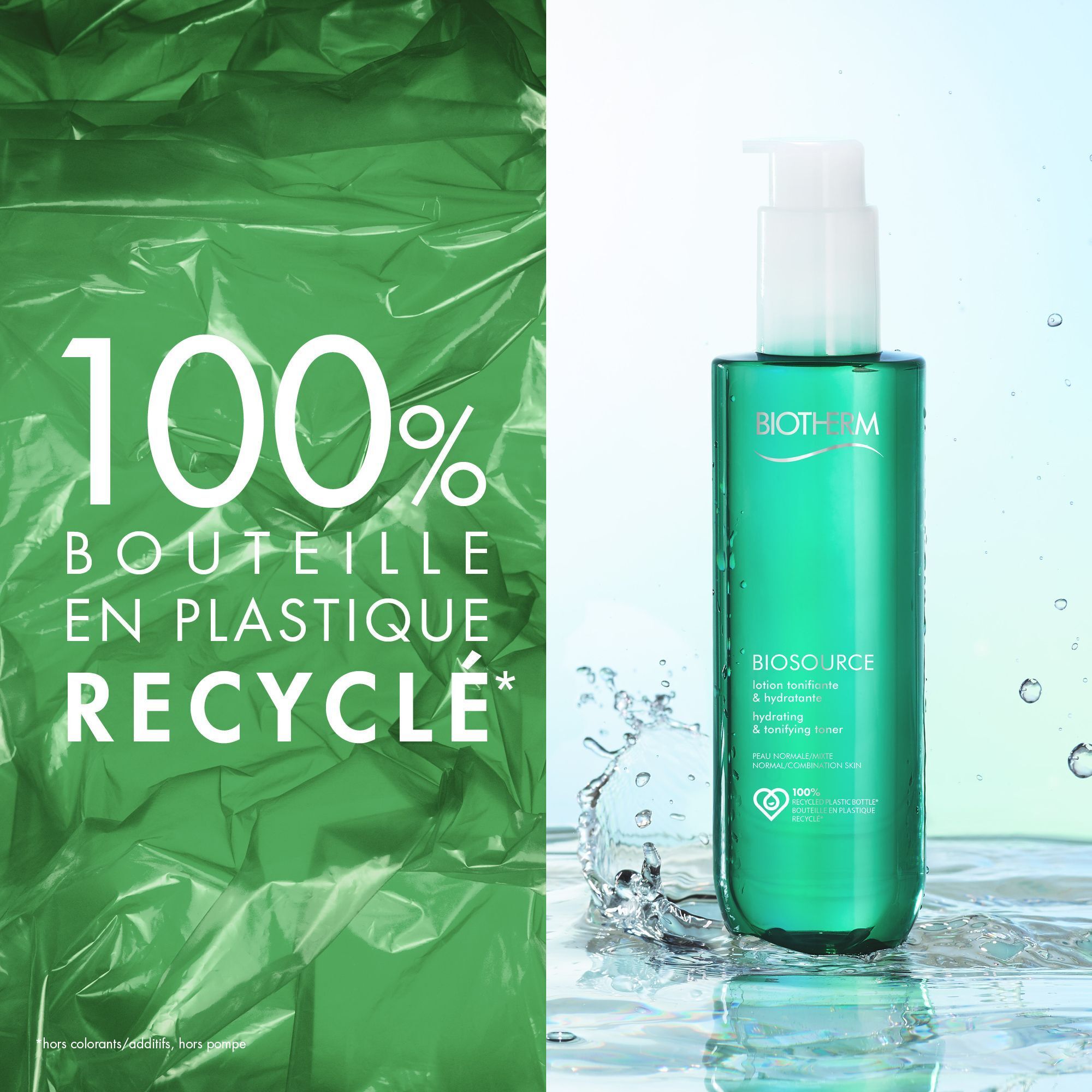 Flacon vert avec pompe blanche. Inscription Biotherm Biosource. Texte : Hydratant & tonifiant. 100% recyclé.