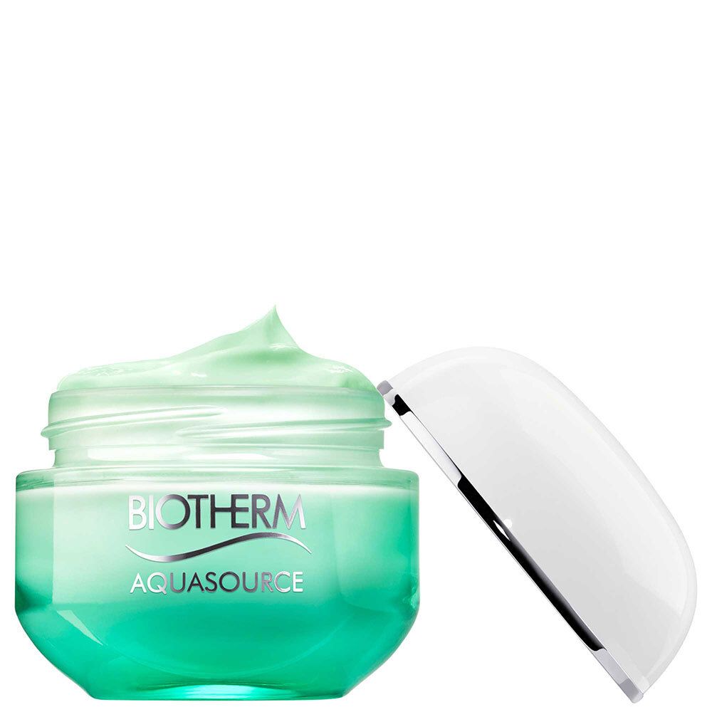 Offener Tiegel mit weißem Deckel. Aufschrift: BIOTHERM AQUASOURCE. Grünes Gel-Creme sichtbar.