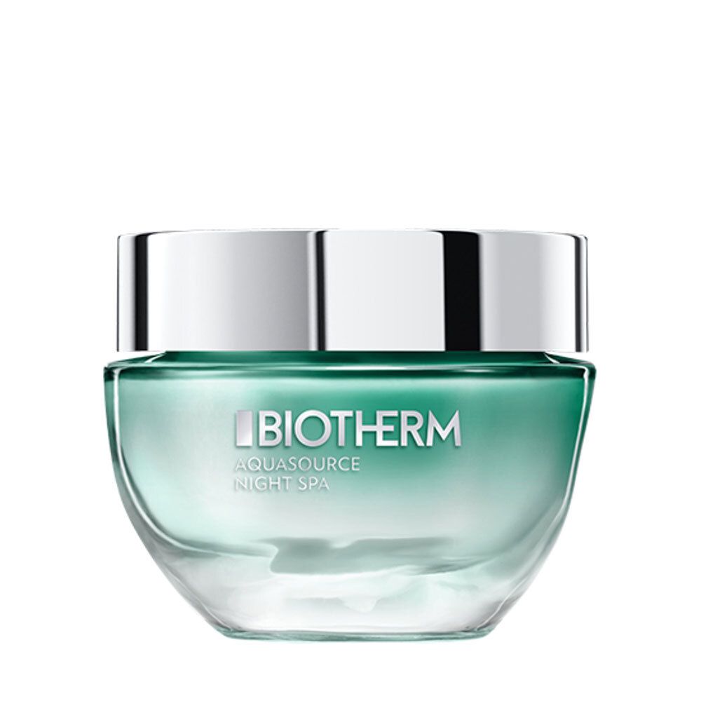 Creme-Glas mit silbernem Deckel. Aufschrift: BIOTHERM, AQUASOURCE NIGHT SPA.