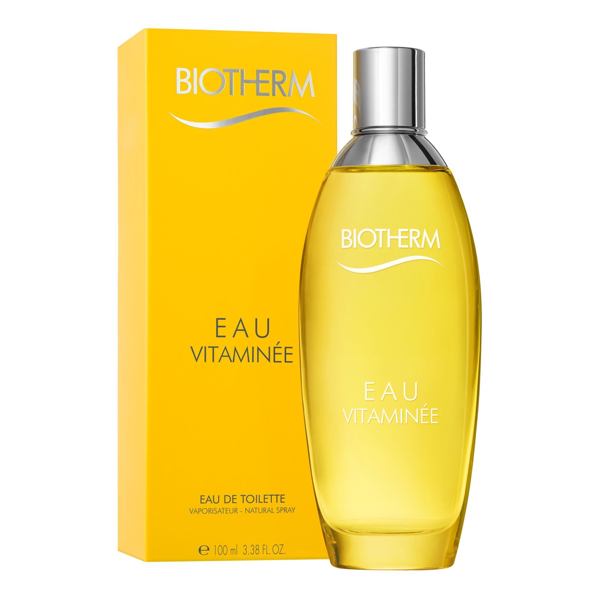 Gelbe Schachtel und Flasche. Aufschrift: Biotherm, EAU VITAMINÉE. EAU DE TOILETTE.