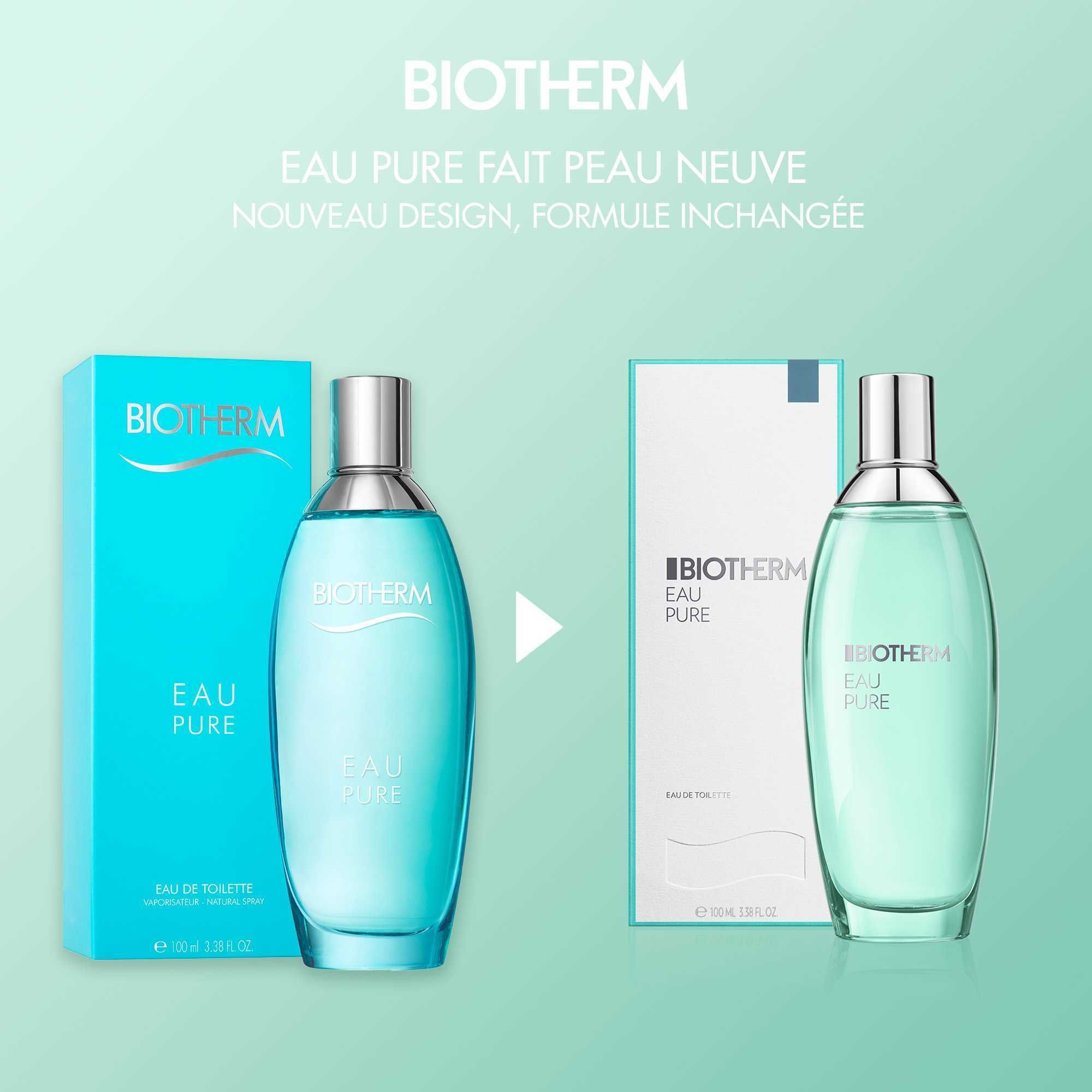 BIOTHERM EAU PURE Körperspray und Verpackung. Text: EAU PURE, BIOTHERM. Vergleich von altem und neuem Design.