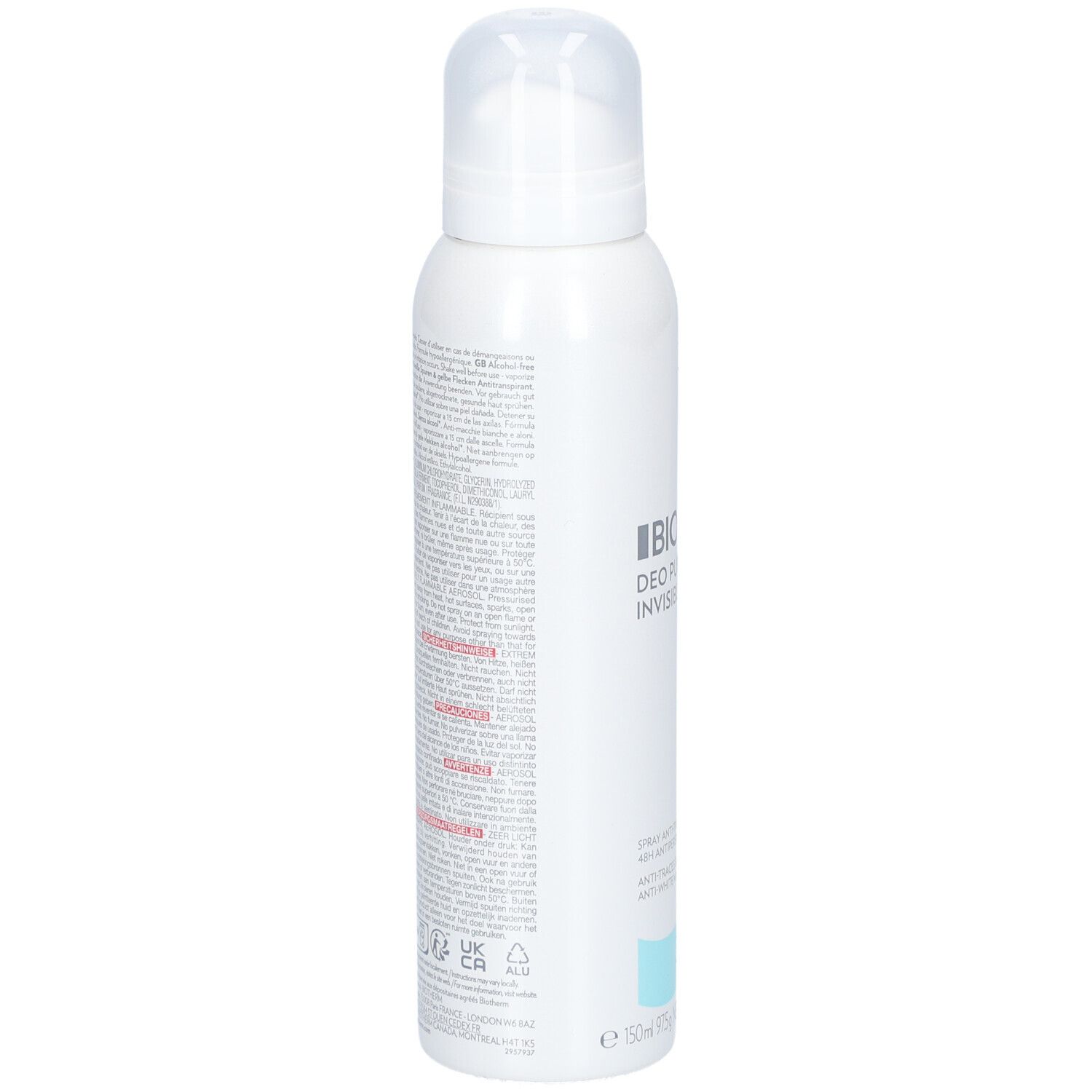 Weißes Spray mit Sprühkopf. Text auf der Seite. Türkisfarbener Streifen am unteren Ende. Produktinformationen.