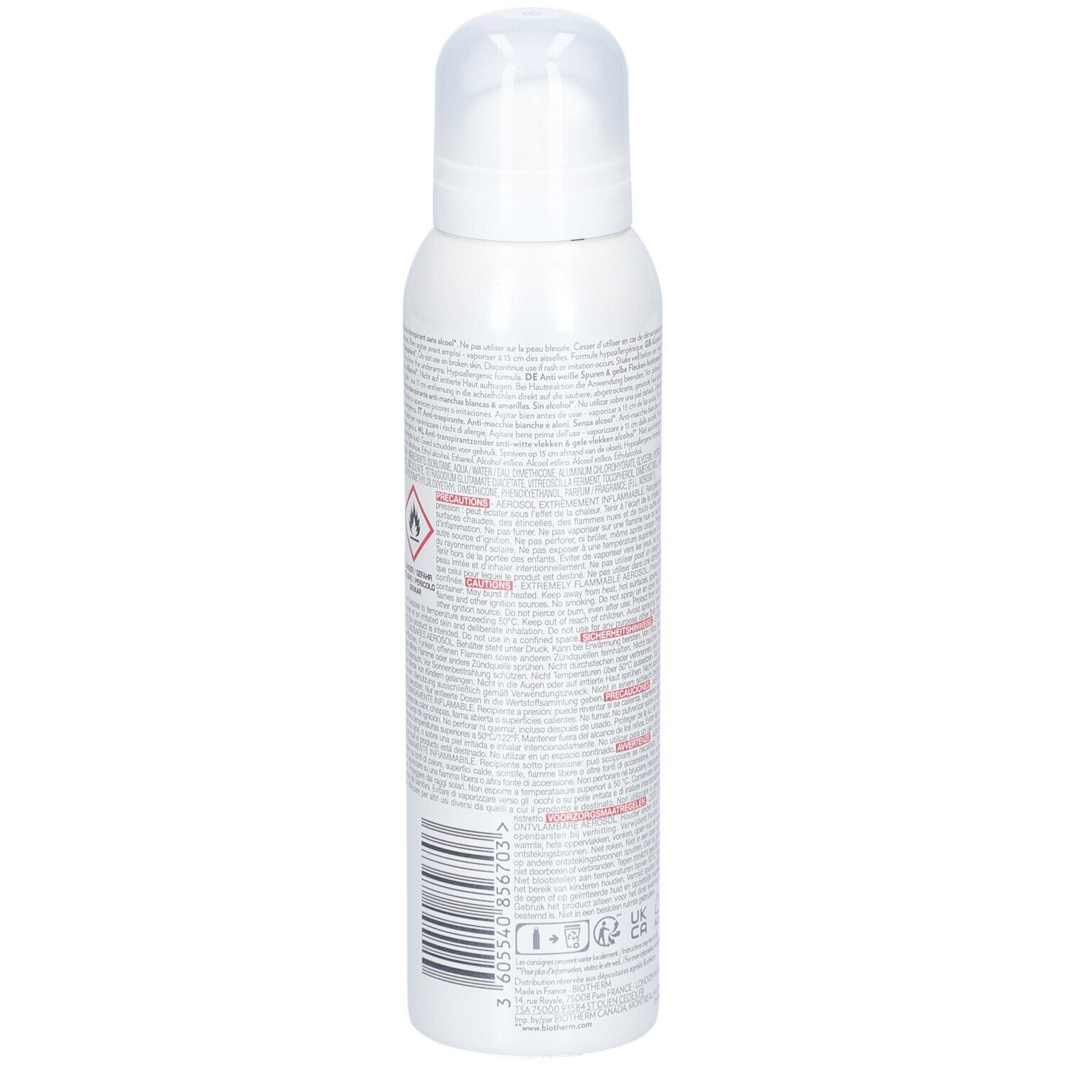Weißes Spray mit Sprühkopf. Text auf der Seite. Warnhinweise und Barcode. Produktinformationen.