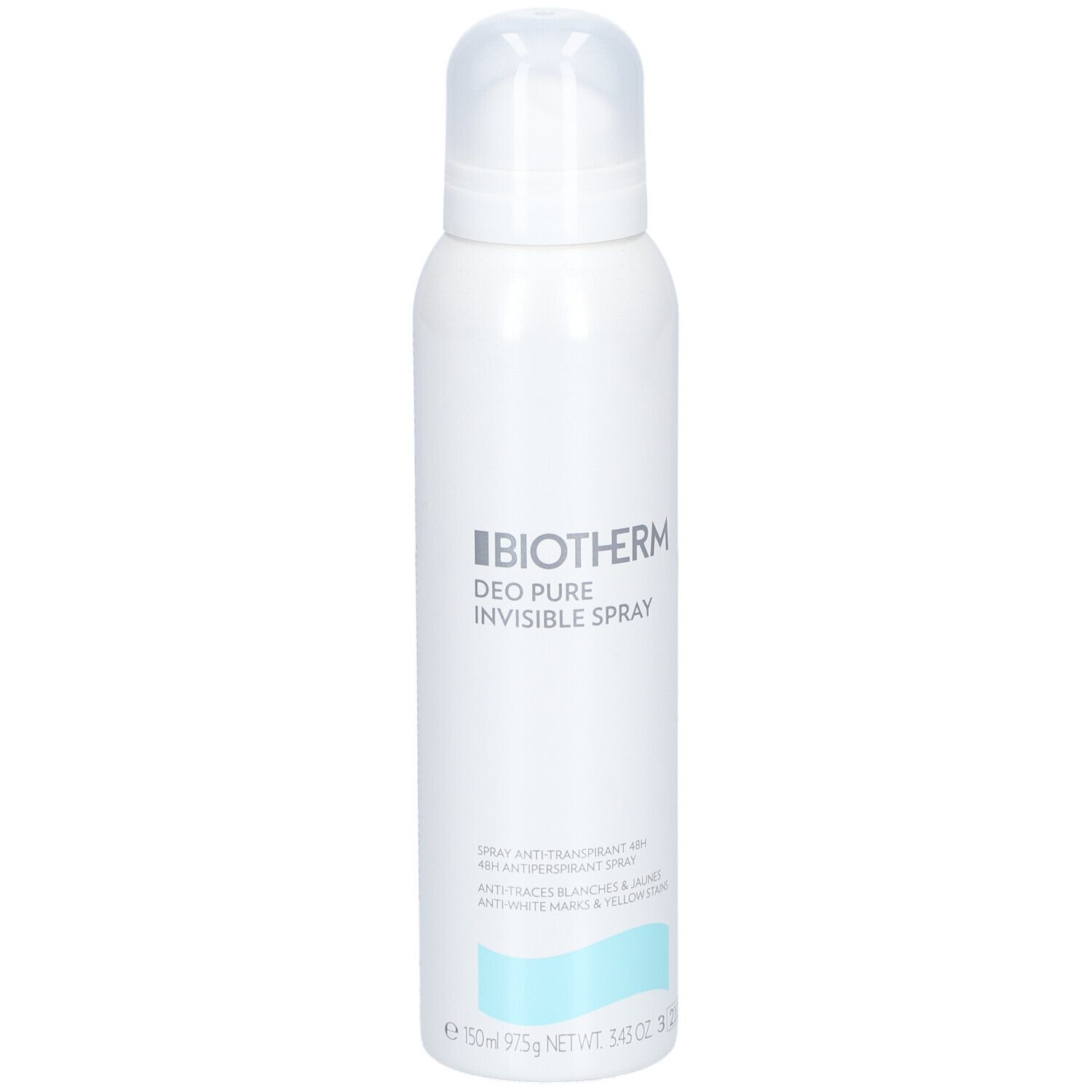 Weißes Spray mit Sprühkopf. Aufschrift: BIOTHERM DEO PURE INVISIBLE SPRAY. Türkisfarbener Streifen am unteren Ende.