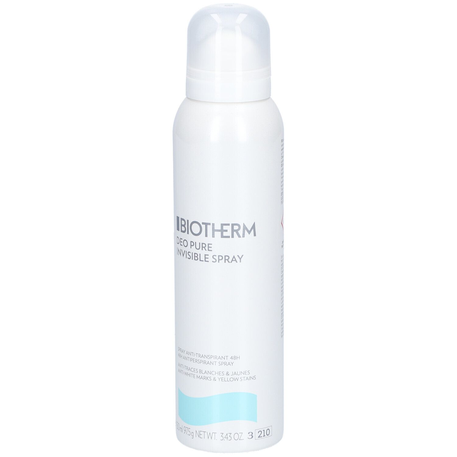 Weißes Spray mit Sprühkopf. Aufschrift: BIOTHERM DEO PURE INVISIBLE SPRAY. Türkisfarbener Streifen am unteren Ende.