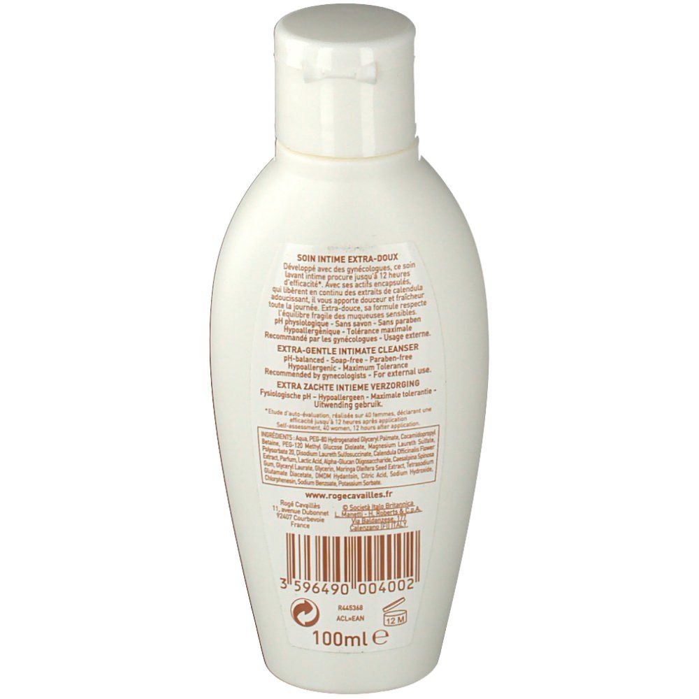Rückseite der weißen Flasche. Text in Französisch und Englisch. Barcode und '100ml e' unten.