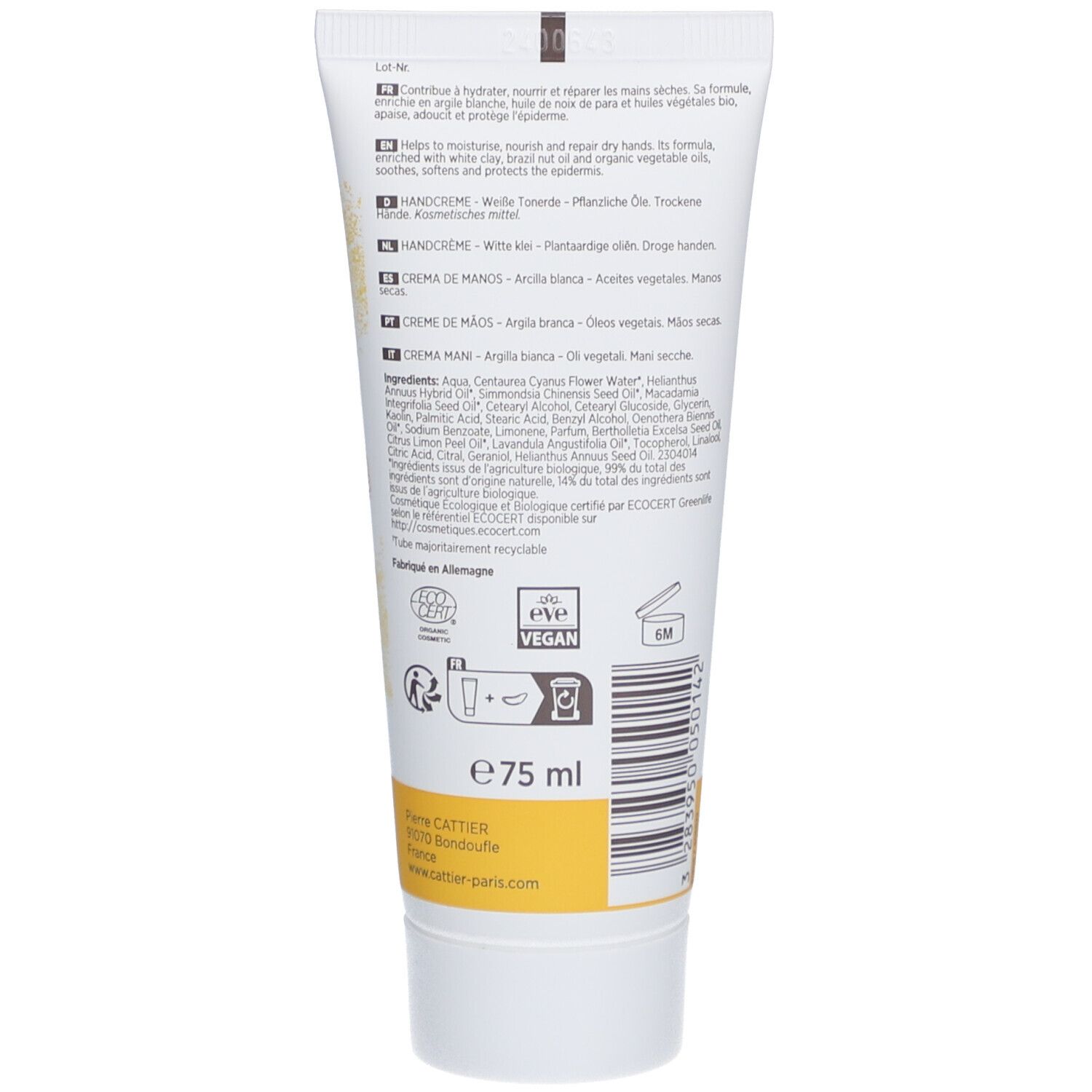 Dos du tube de crème pour les mains. Texte multilingue. Contient des informations sur les ingrédients, le mode d'emploi et les certifications. Logo Vegan.