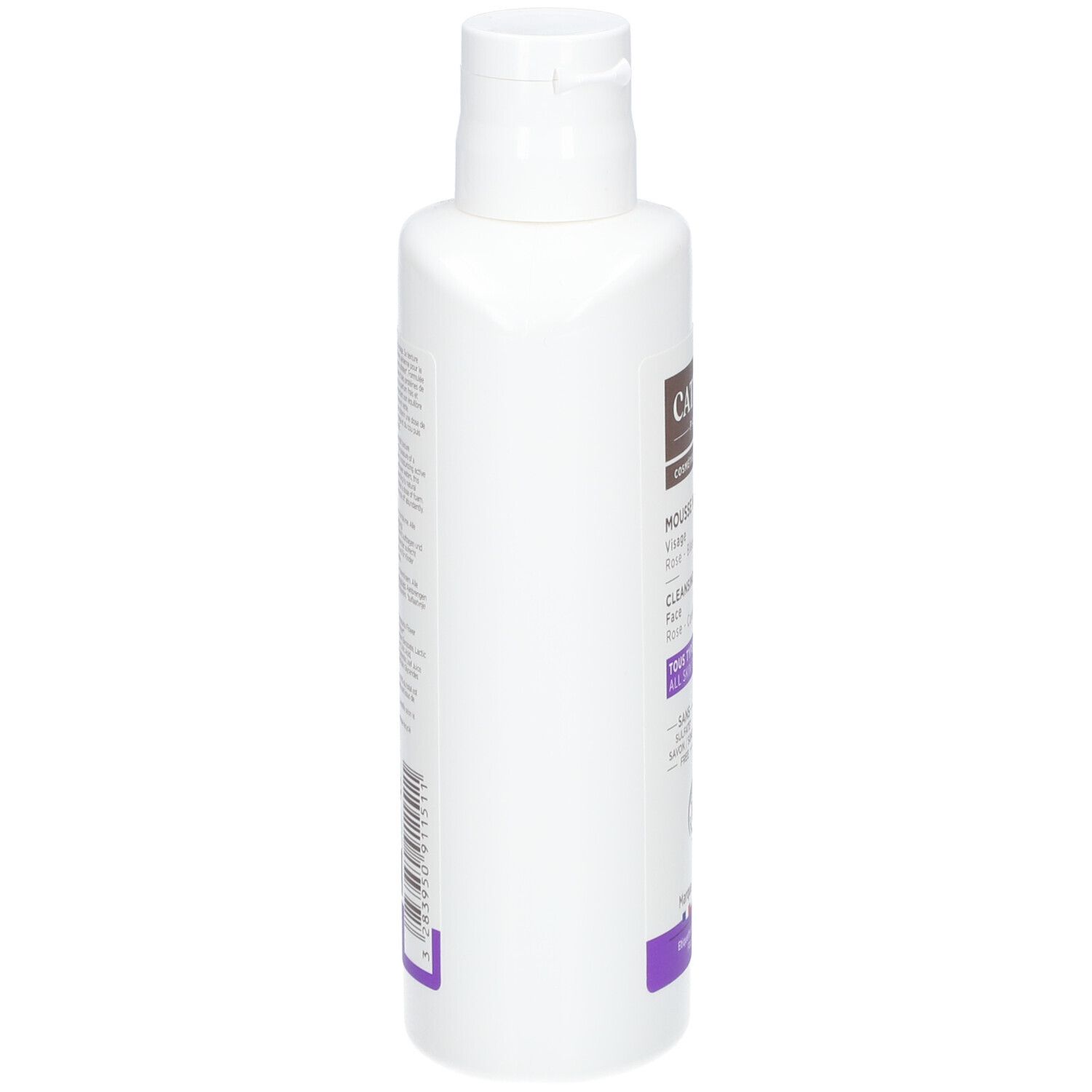 Flacon blanc, vue latérale. Étiquette avec texte. Inscription: Cattier, Mousse nettoyante visage. Accent violet.