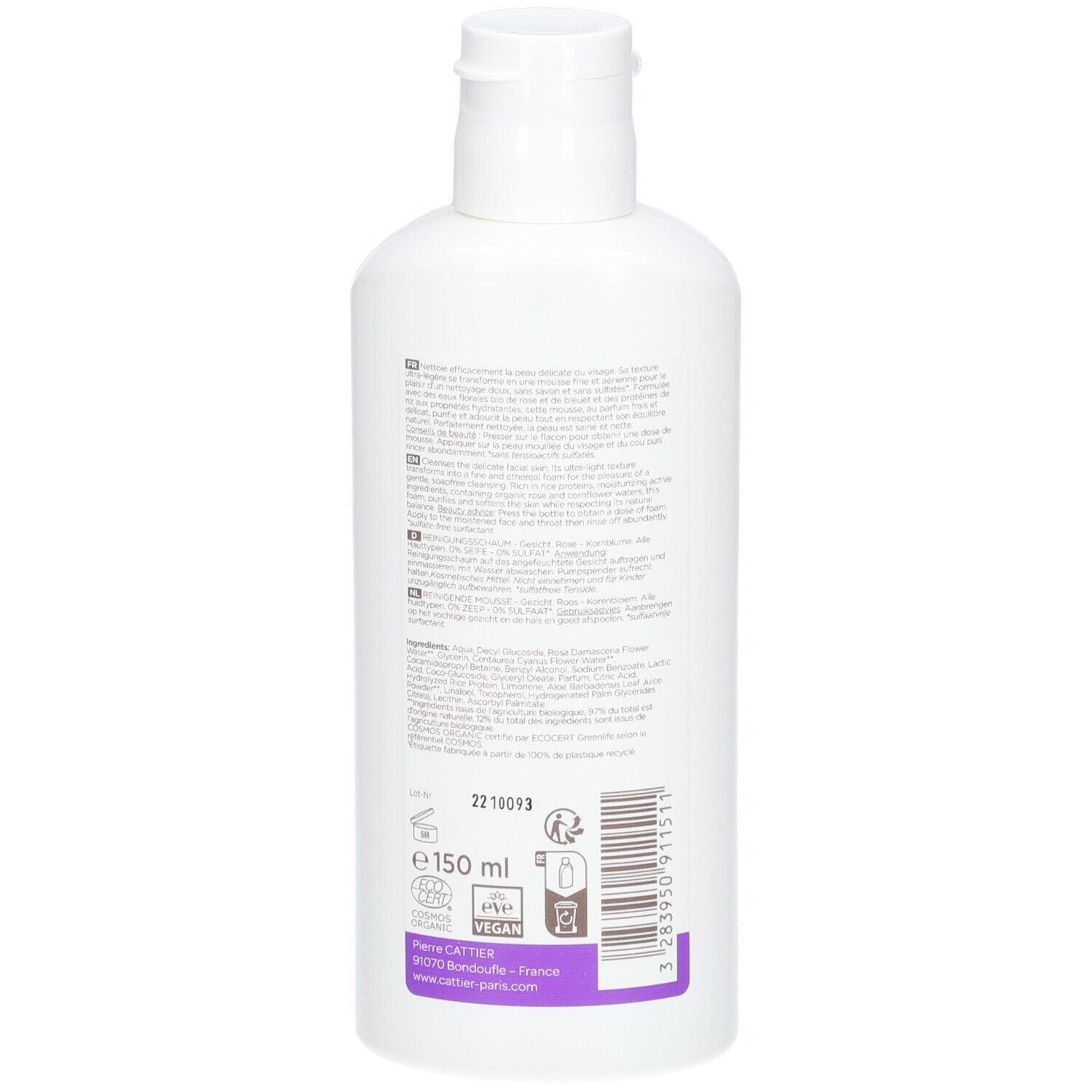 Flacon blanc, vue arrière. Étiquette avec texte. Inscription: Cattier, Mousse nettoyante visage. 150 ml, Bio, Vegan.