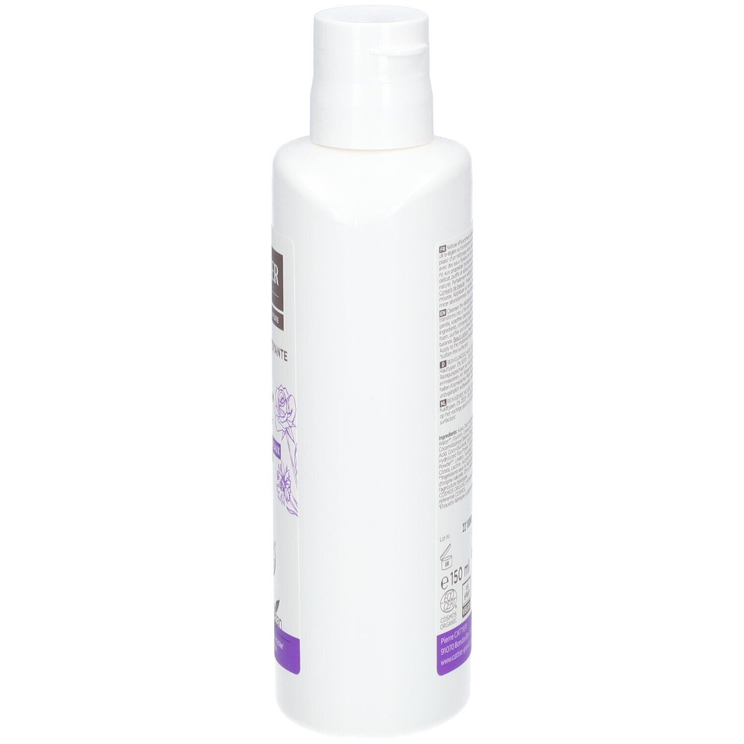 Flacon blanc, vue latérale. Étiquette avec texte. Inscription: Cattier, Mousse nettoyante visage. Accent violet.
