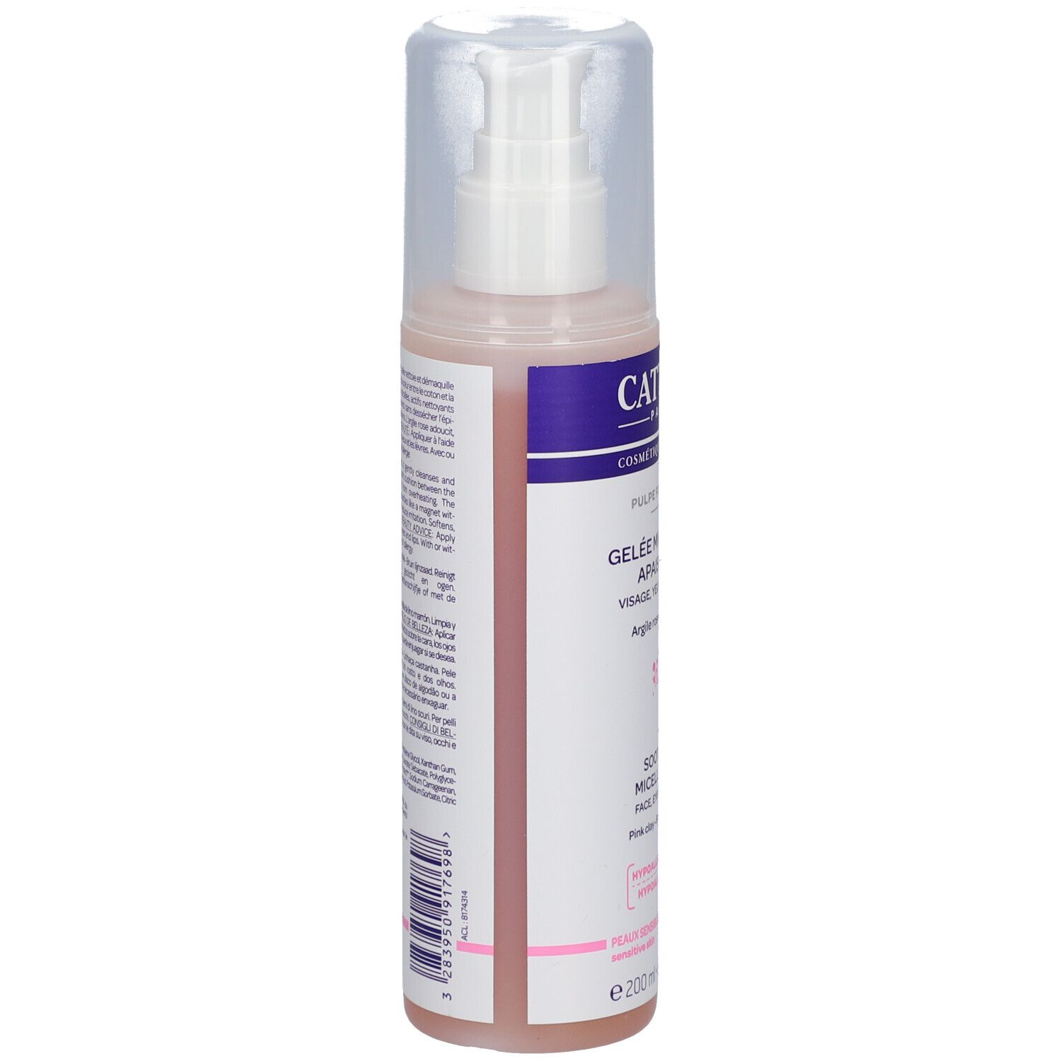 Gelée micellaire Cattier. Flacon avec pompe, vue latérale. Texte et code-barres. Liquide rose visible.