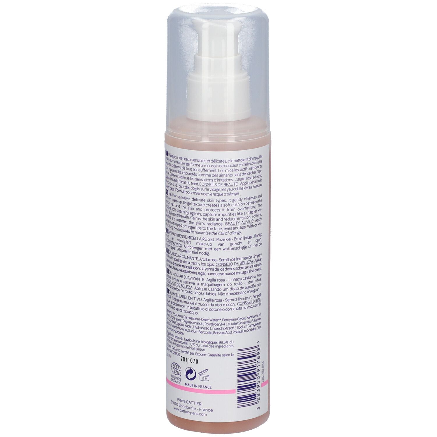 Gelée micellaire Cattier. Vue arrière du flacon avec pompe. Texte multilingue. Liquide rose visible.