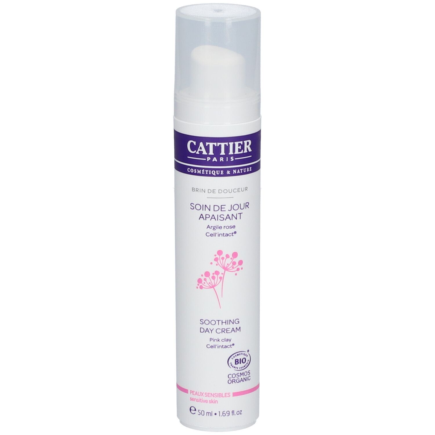 Weiße Flasche mit Pumpkopf. Aufschrift: CATTIER, SOIN DE JOUR APAISANT, SOOTHING DAY CREAM. Bio-Zertifizierung.