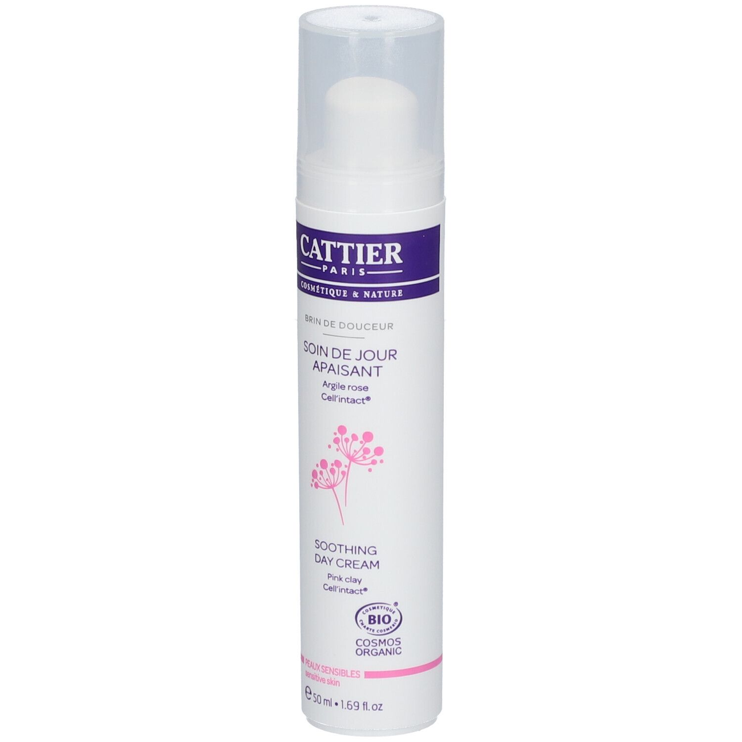 Weiße Flasche mit Pumpkopf. Aufschrift: CATTIER, SOIN DE JOUR APAISANT, SOOTHING DAY CREAM. Bio-Zertifizierung.