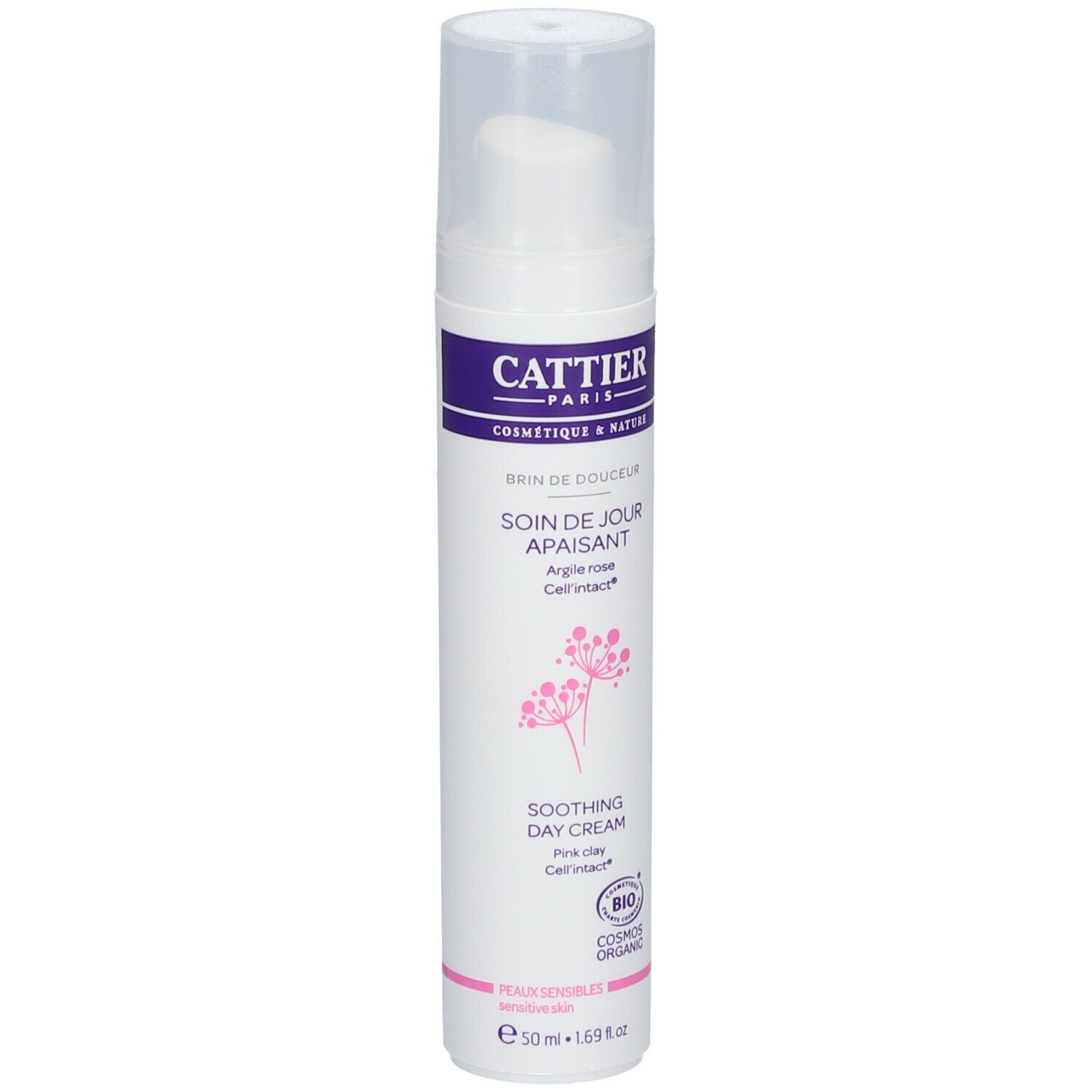 Weiße Flasche mit Pumpkopf. Aufschrift: CATTIER, SOIN DE JOUR APAISANT, SOOTHING DAY CREAM. Bio-Zertifizierung.