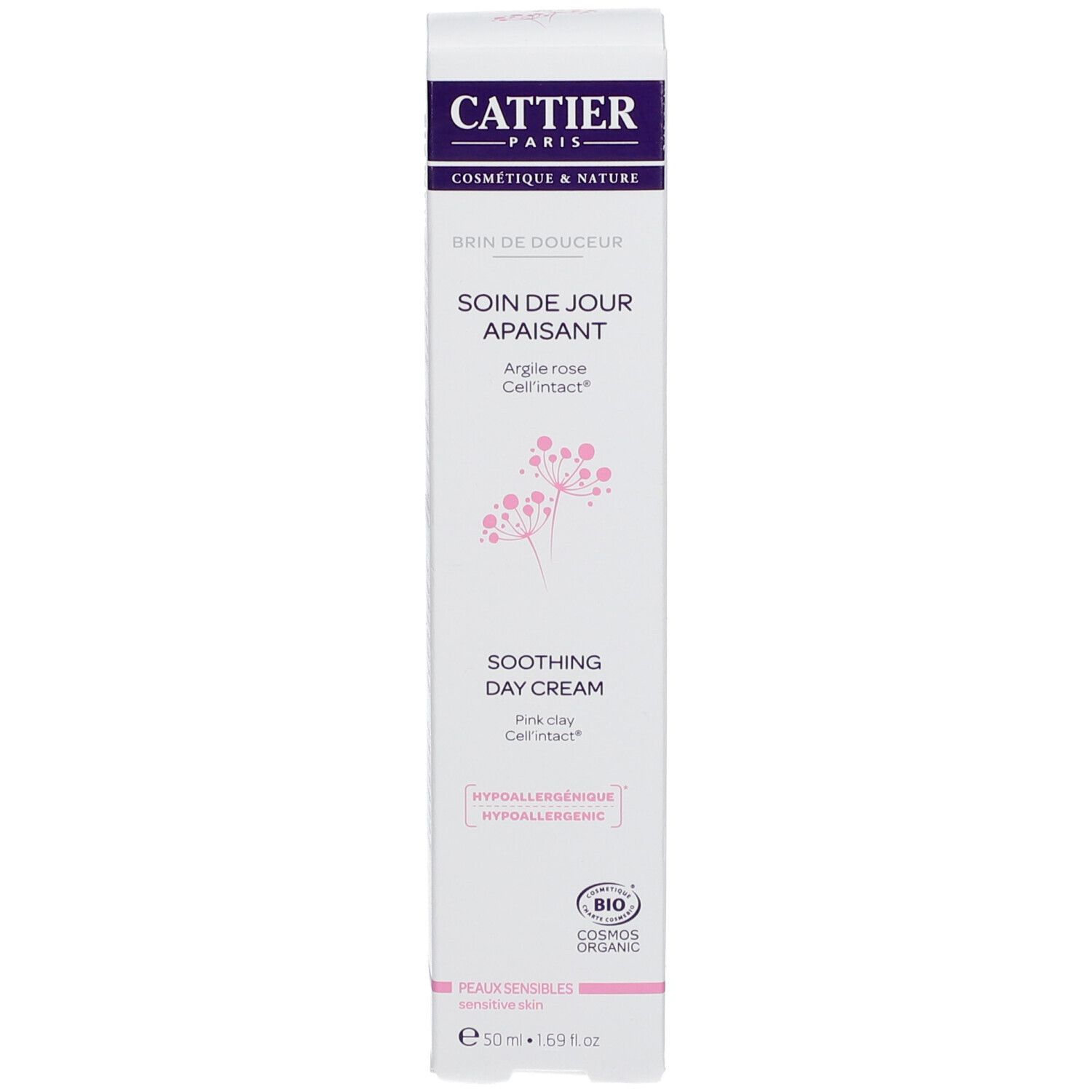 Produktverpackung. Weiß mit Aufschrift: CATTIER, SOIN DE JOUR APAISANT, SOOTHING DAY CREAM. Bio-Zertifizierung.