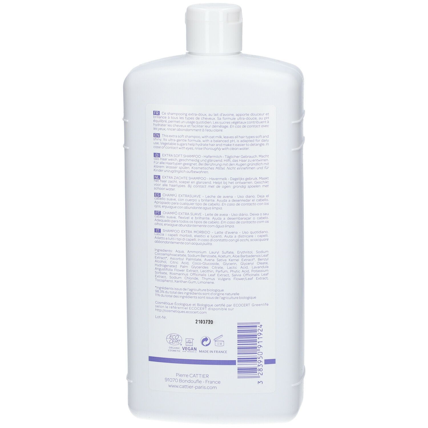 Dos d'un flacon blanc. Texte en plusieurs langues. Logo Vegan. Certification cosmétique bio. Adresse du fabricant.