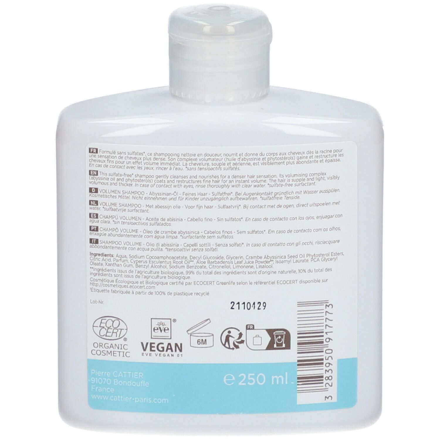 Rückseite einer weißen Flasche. Text in mehreren Sprachen. Vegan-Siegel, Bio-Zertifizierung, Inhaltsstoffe, 250 ml.