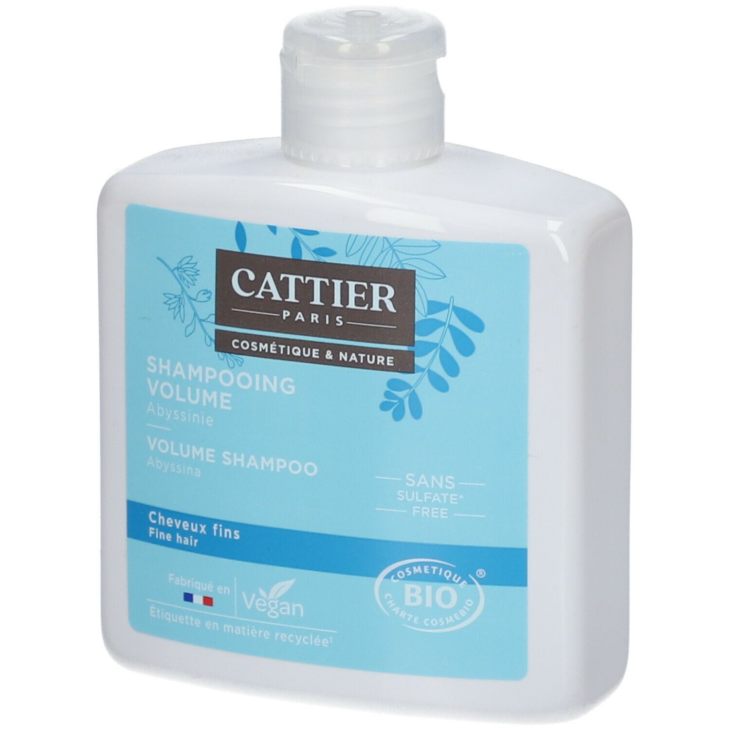 Weiße Flasche mit blauem Etikett. Aufschrift: Cattier Paris, Shampooing Volume, für feines Haar. Bio-Zertifizierung.