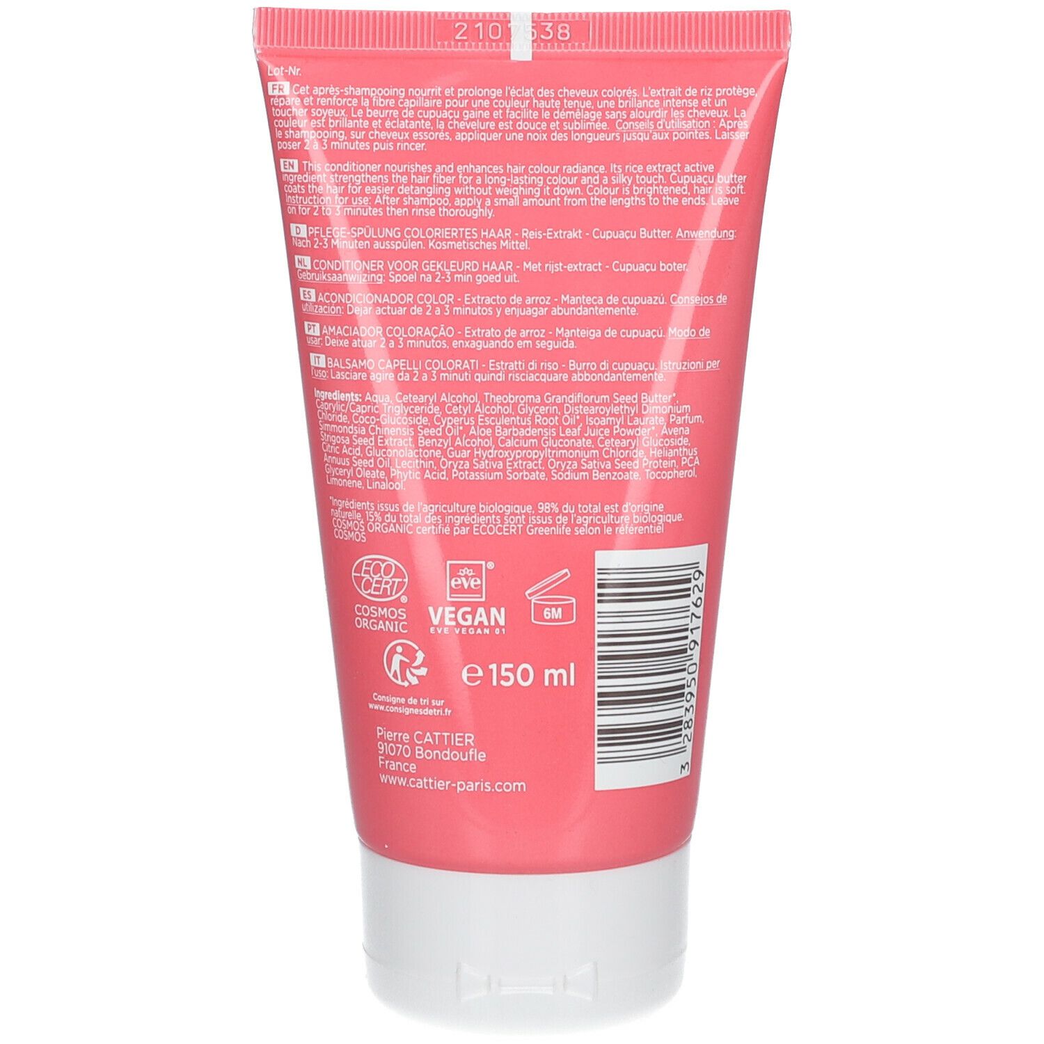 Dos d'un tube rose. Texte multilingue. Label Vegan. Volume: 150 ml.