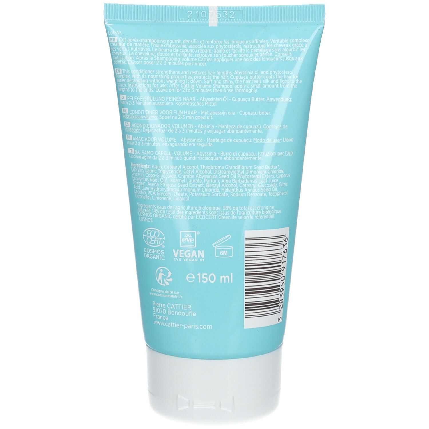 Achterkant van een lichtblauwe tube. Tekst in meerdere talen. Bio-keurmerk, Vegan-logo en volume-aanduiding: 150 ml.