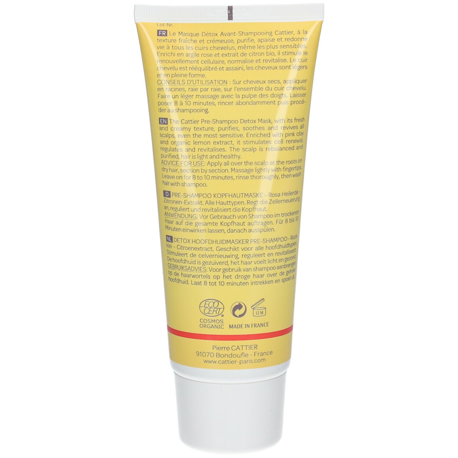 Dos du tube jaune. Texte multilingue. Certification BIO. Informations fabricant.