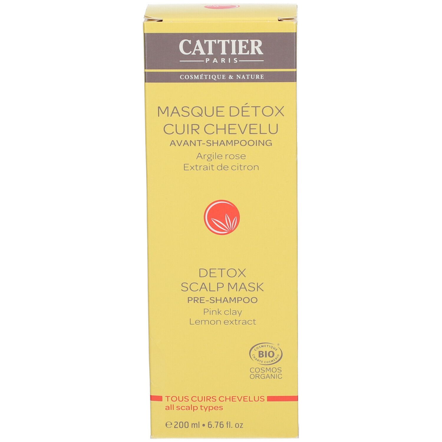 Boîte jaune. Inscription: CATTIER PARIS, MASQUE DÉTOX CUIR CHEVELU, certification BIO.