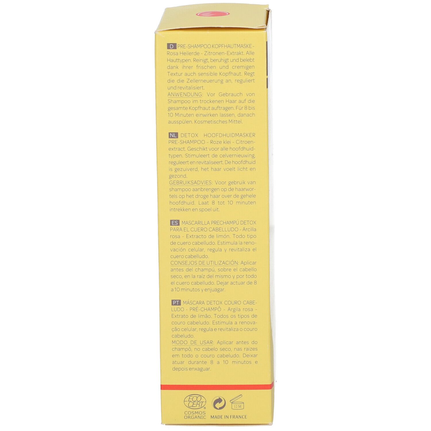 Côté de la boîte jaune. Texte multilingue. Certification BIO. Informations fabricant.