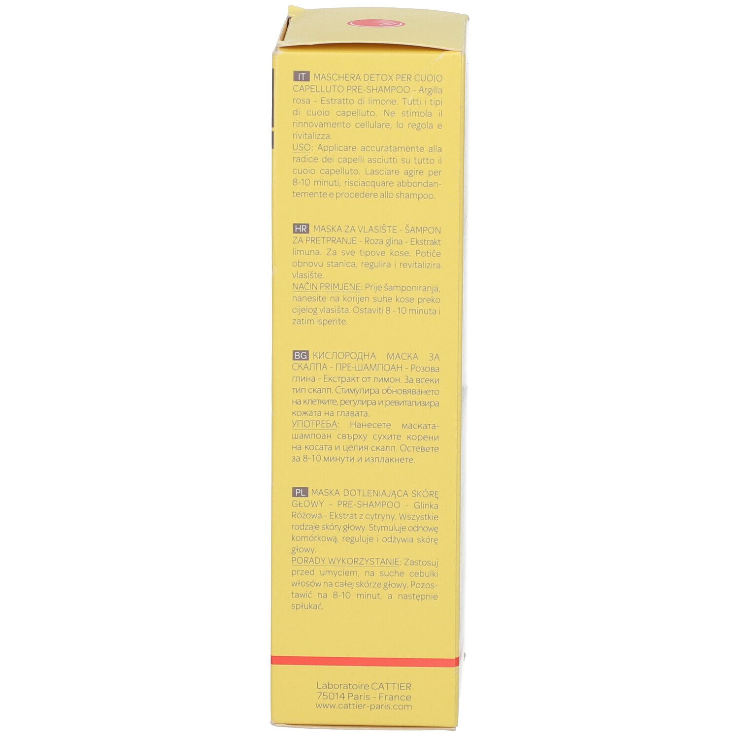 Côté de la boîte jaune. Texte multilingue. Informations fabricant. Certification BIO.