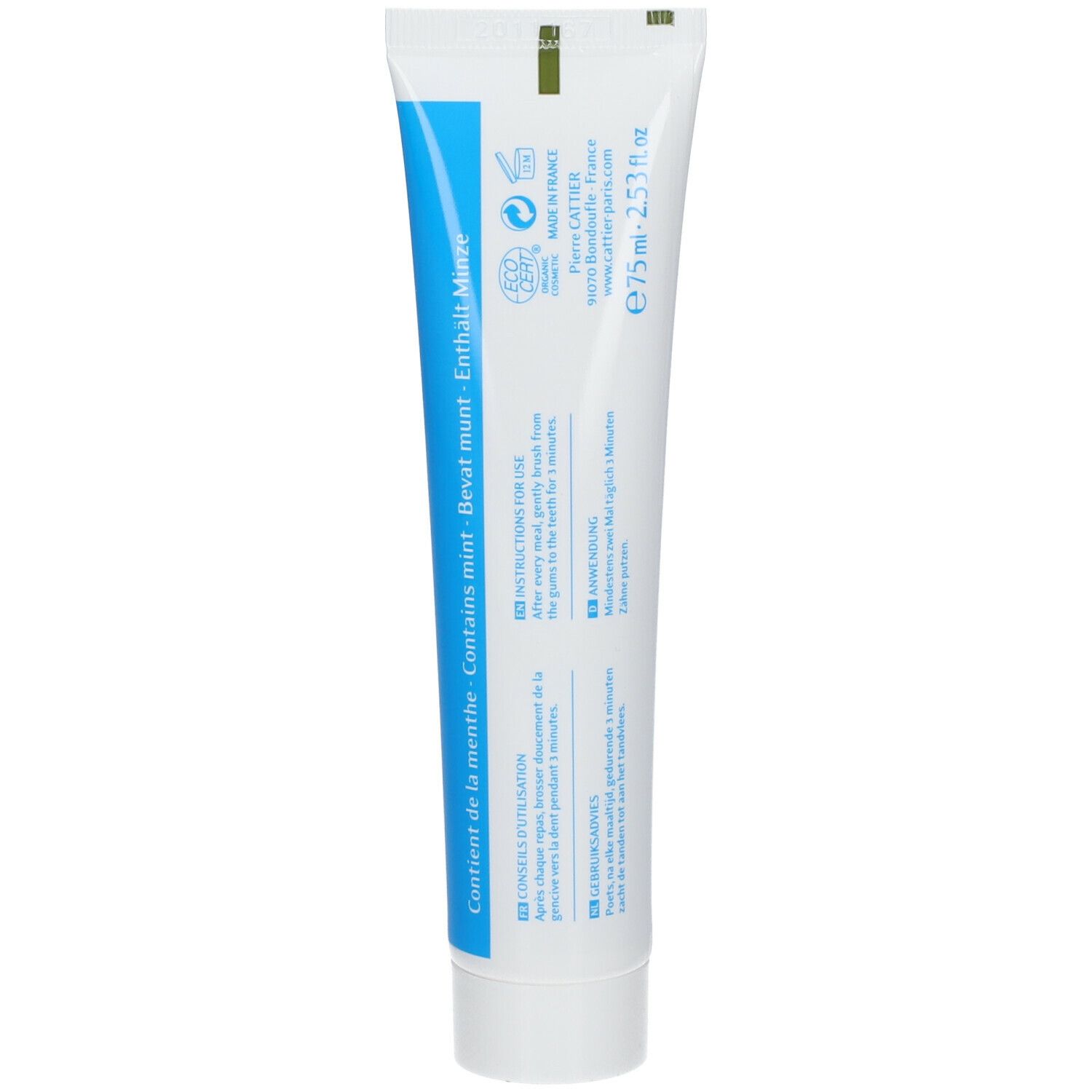 Rückseite der Zahnpasta-Tube. Text: "Contient de la menthe", "Enthält Minze". Informationen zur Anwendung.