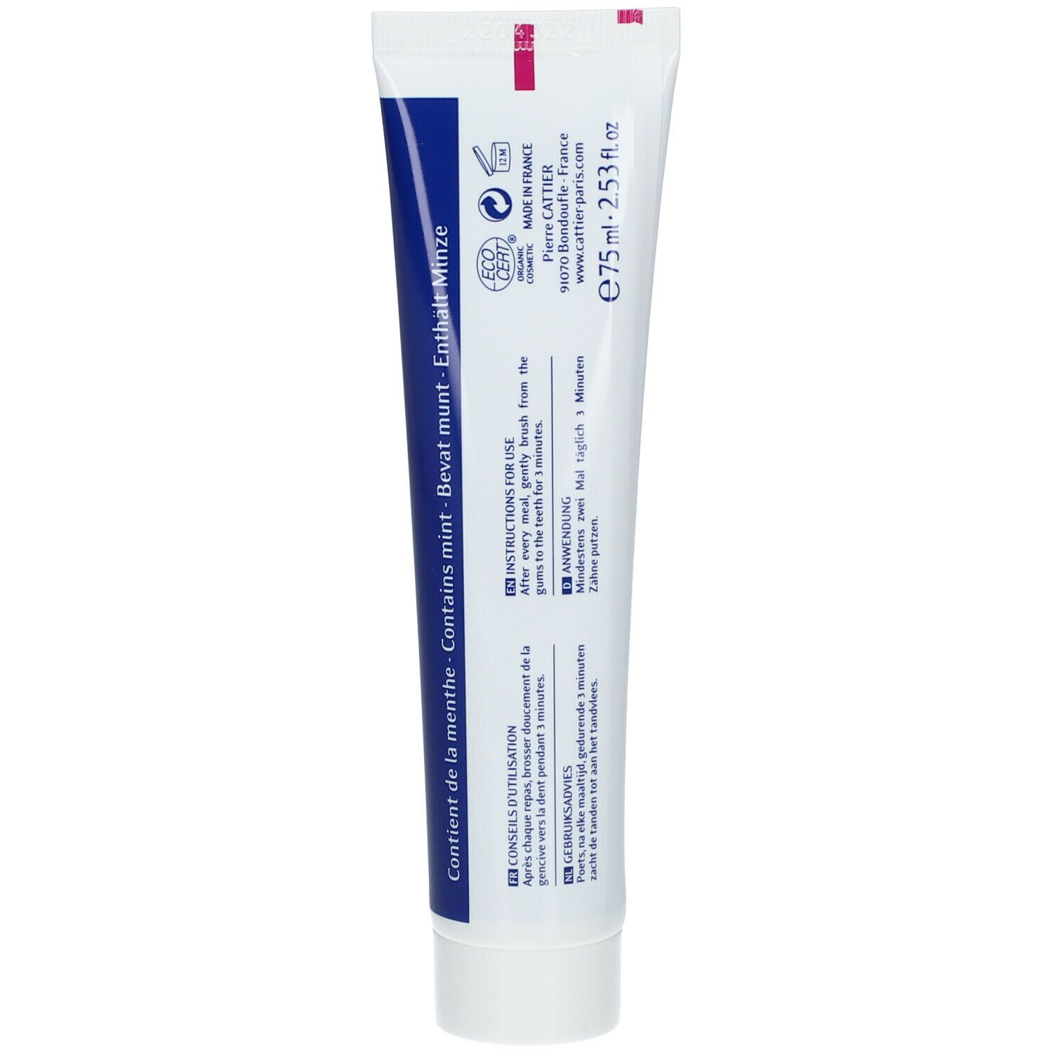 Dos d'un tube de dentifrice blanc. Texte: Contient de la menthe, mode d'emploi, CATTIER, certification BIO.