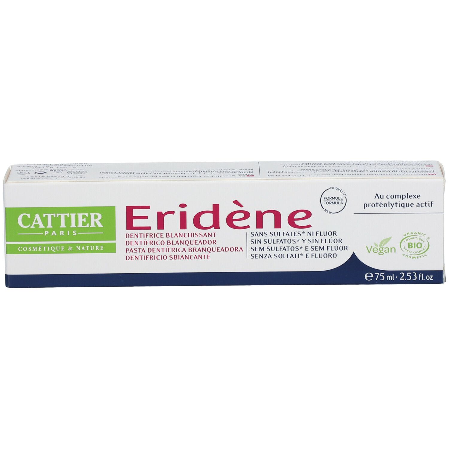 Boîte de dentifrice. Texte: CATTIER, Eridène, Whitening Toothpaste, sans sulfates, sans fluor, Vegan, BIO.