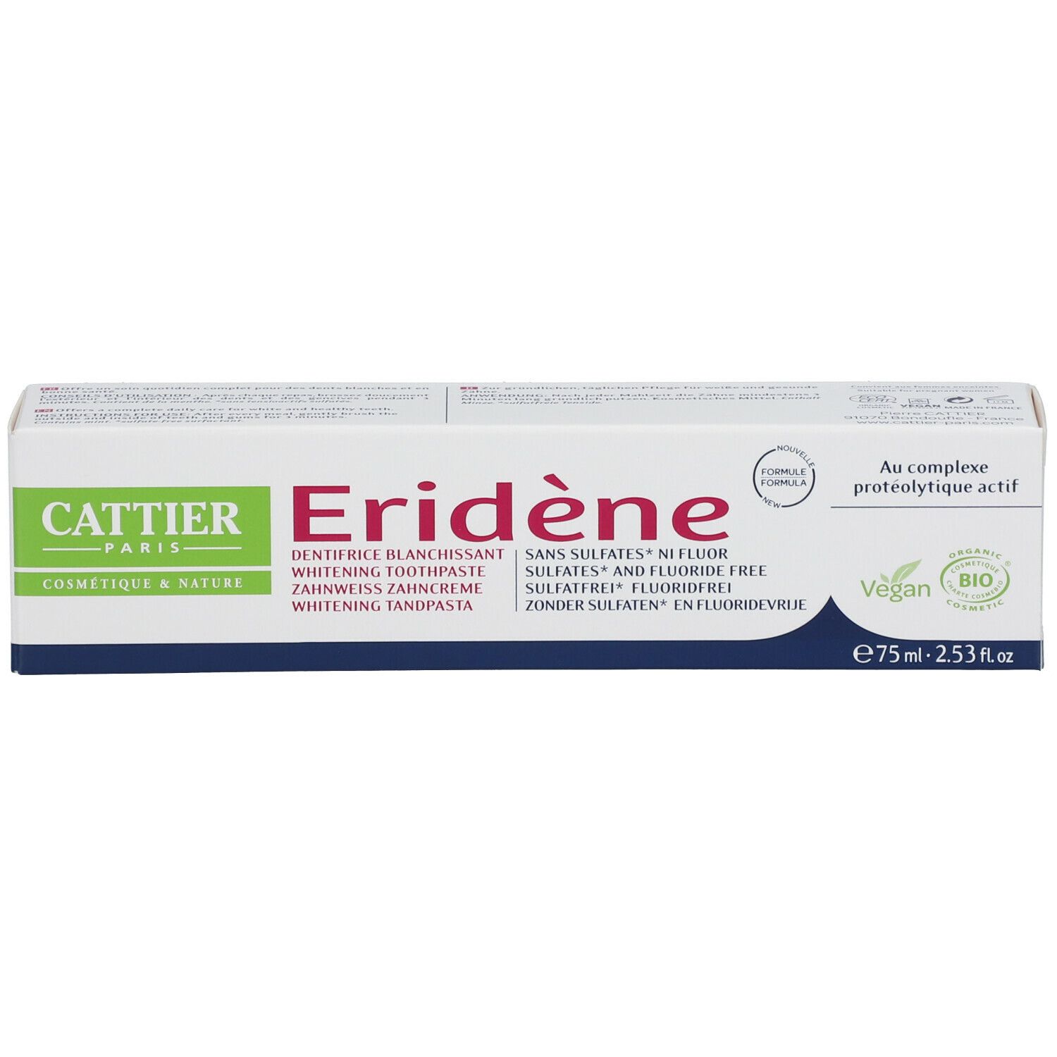Boîte de dentifrice. Texte: CATTIER, Eridène, Whitening Toothpaste, sans sulfates, sans fluor, Vegan, BIO.