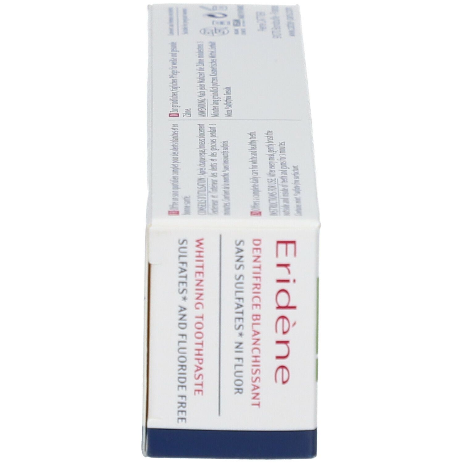 Boîte de dentifrice, vue latérale. Texte: Eridène, Whitening Toothpaste, sans sulfates, sans fluor.